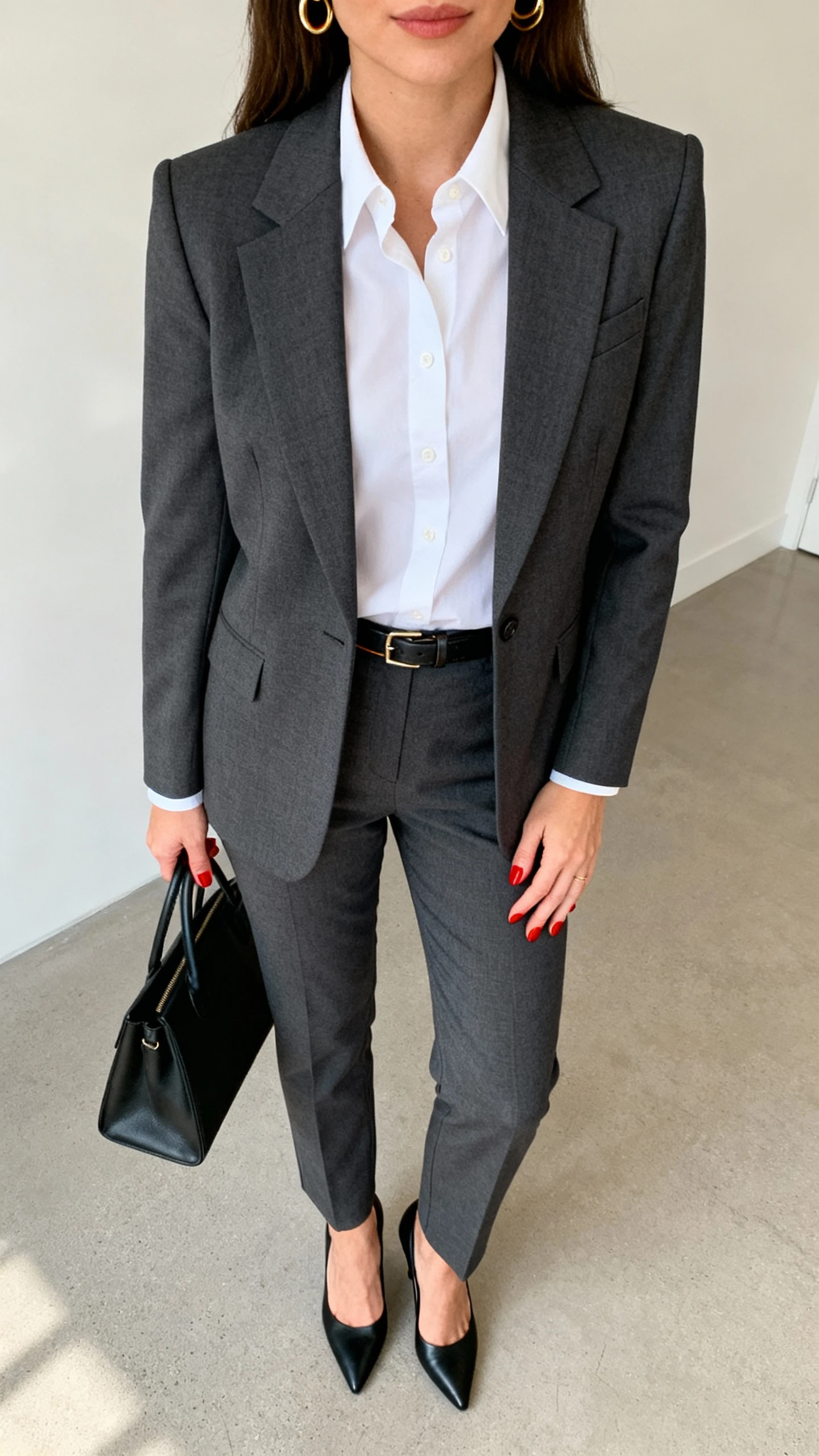 iPhone office mirror selfie of a woman in a sharp charcoal power suit: fitted blazer and matching trousers, crisp white button-up, classic black pumps, thin leather belt, polished red nails, understated gold hoops and a sleek black tote; face not visible, cropped at shoulders, morning office light, natural iPhone aesthetic.