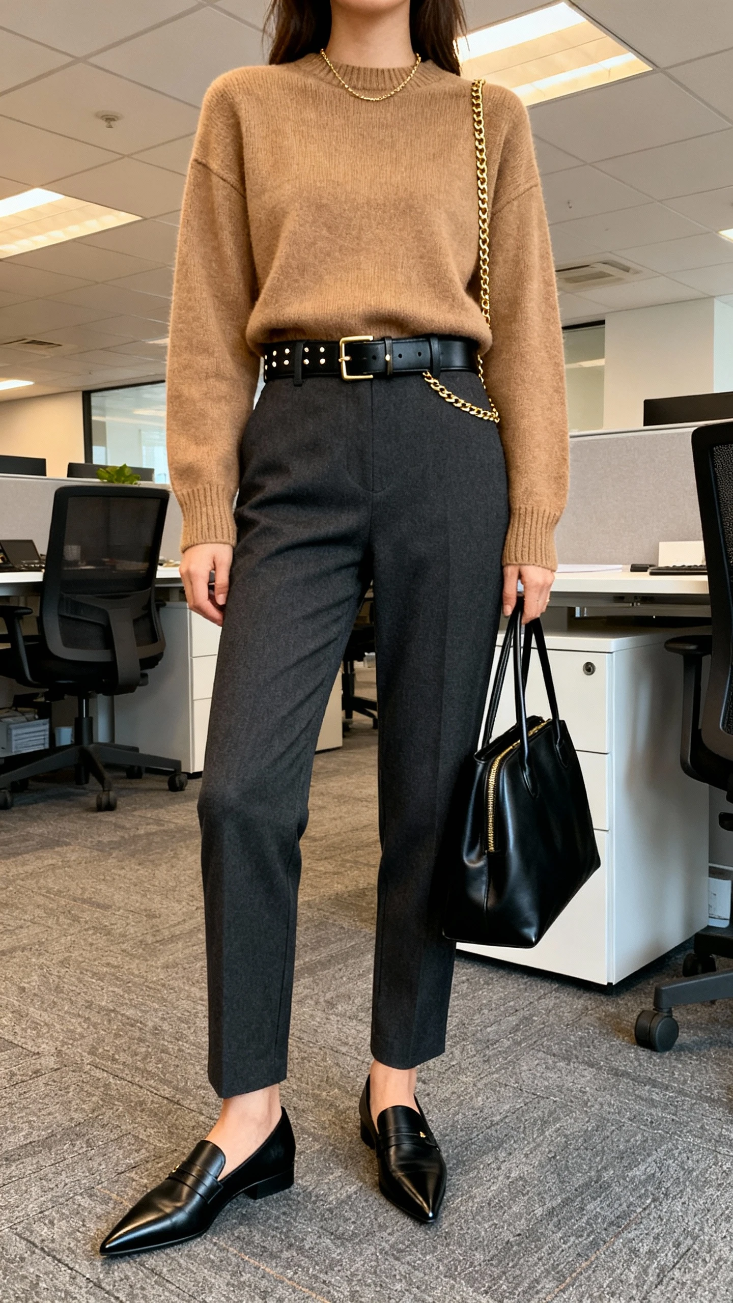 iPhone office mirror selfie of a woman in tailored charcoal trousers, camel cashmere crewneck, black leather belt, pointed black loafers, thin gold chain and studs, sleek black tote; face not visible, cropped at neck, warm indoor office lighting, natural iPhone quality.