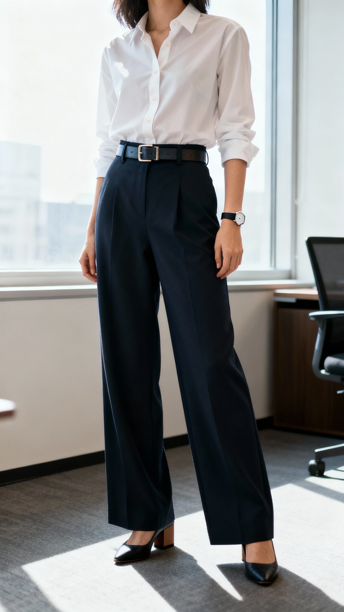 iPhone office mirror selfie of a woman wearing a crisp button-up shirt tucked into high-waisted wide-leg trousers, classic belt, low block heels, and a slim watch, face not visible, cropped at shoulders, bright office lighting near window, natural iPhone quality.