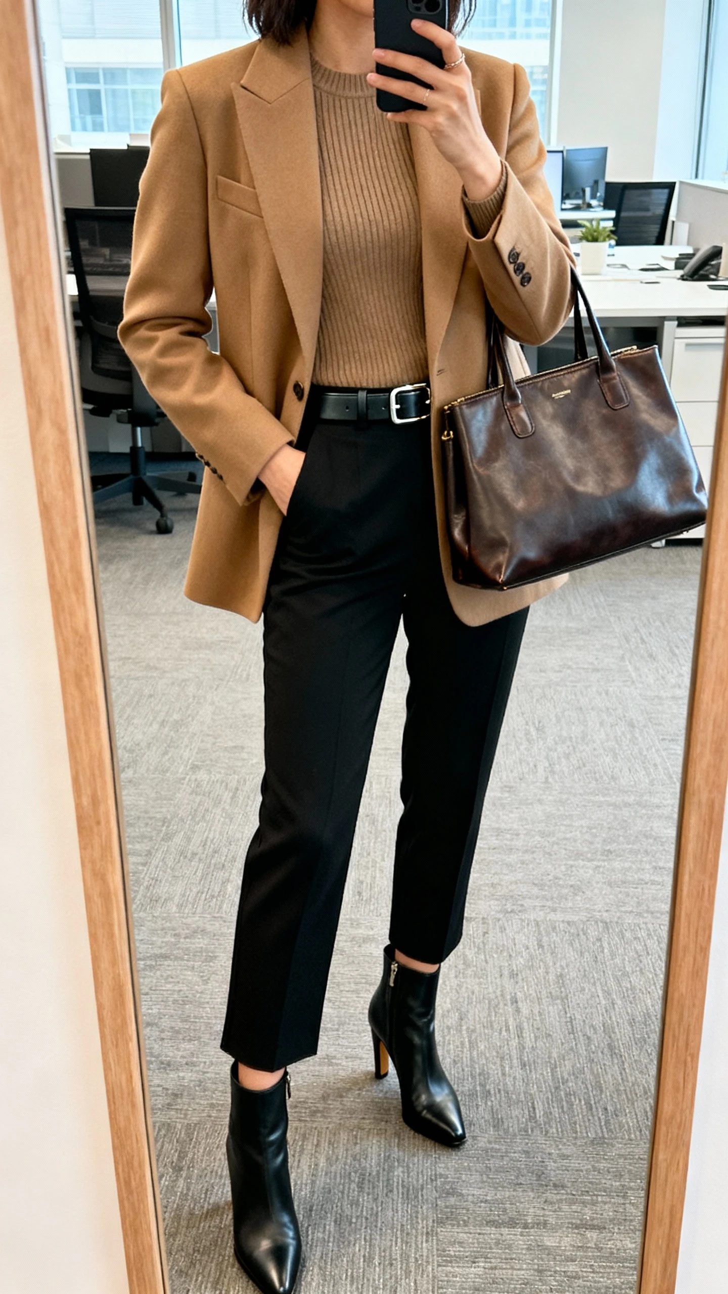 iPhone office mirror selfie of a woman wearing a tailored camel blazer over a fitted knit, black cigarette pants, heeled ankle boots, sleek belt, leather tote; face not visible, cropped at shoulders, bright office lighting, natural iPhone photo.