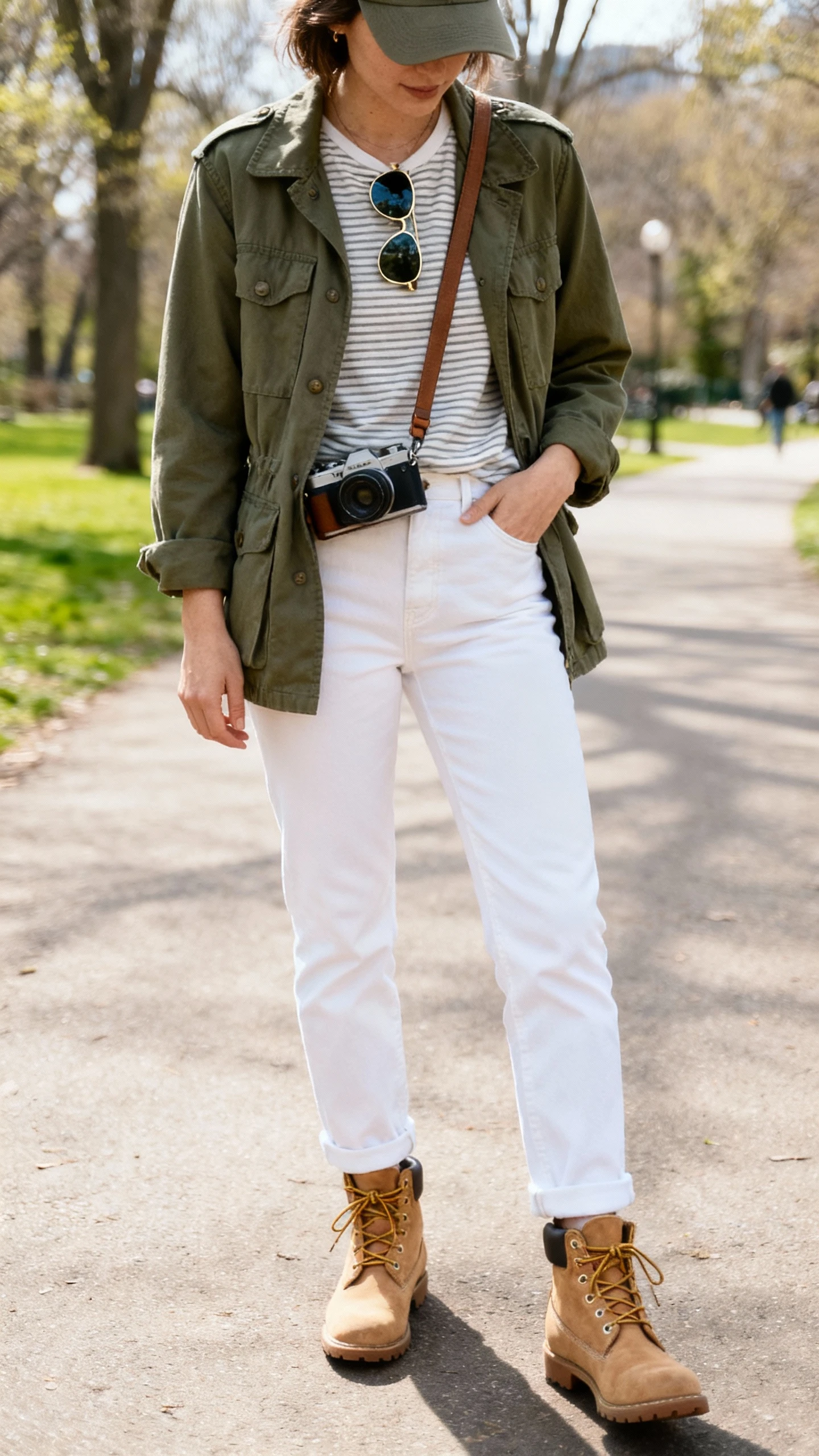 iPhone outdoor selfie, torso crop, of a woman in an olive utility jacket over a breathable striped tee, ankle-length straight white jeans, desert boots, crossbody camera bag, aviator sunglasses and a cap; park path, natural daylight, face not visible, natural iPhone photo quality.