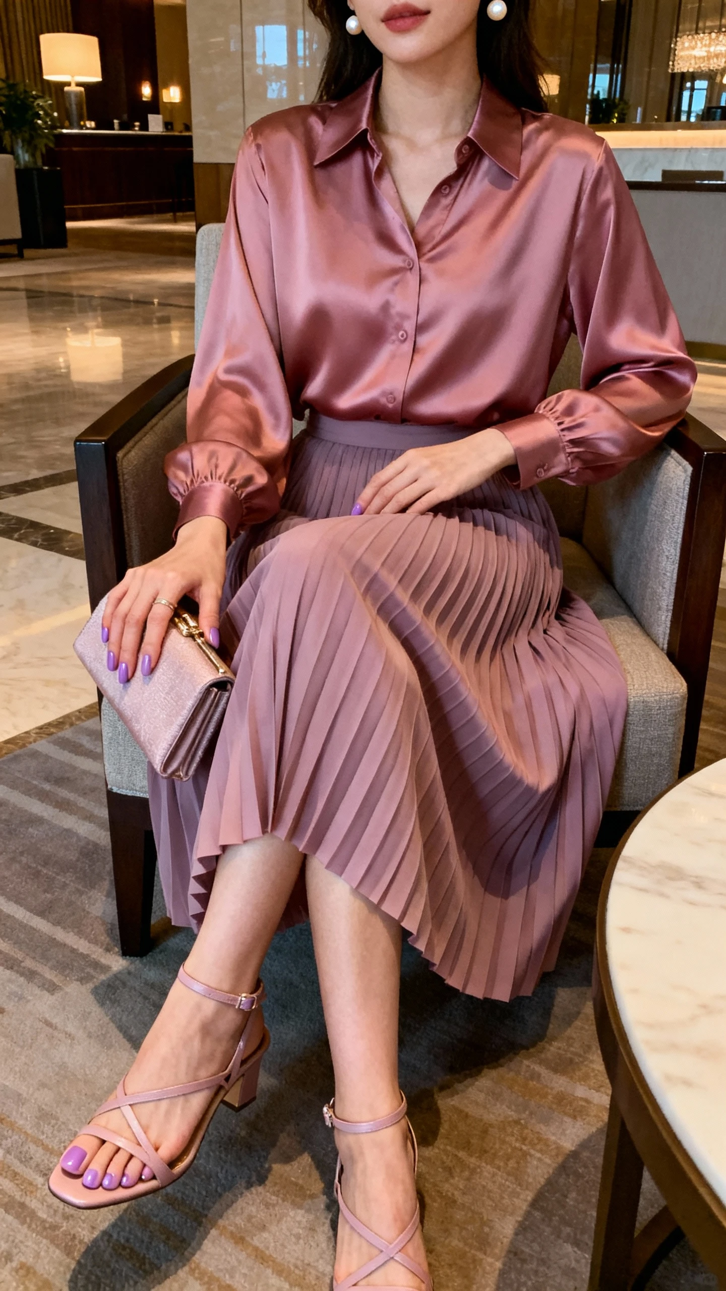 iPhone selfie cropped at shoulders of a woman wearing a dusty rose satin blouse, pleated midi skirt in soft mauve tones, strappy heels, pearl studs, soft mauve nails wrapped around a clutch, face not visible, hotel lobby seating, evening indoor lighting, natural iPhone photo