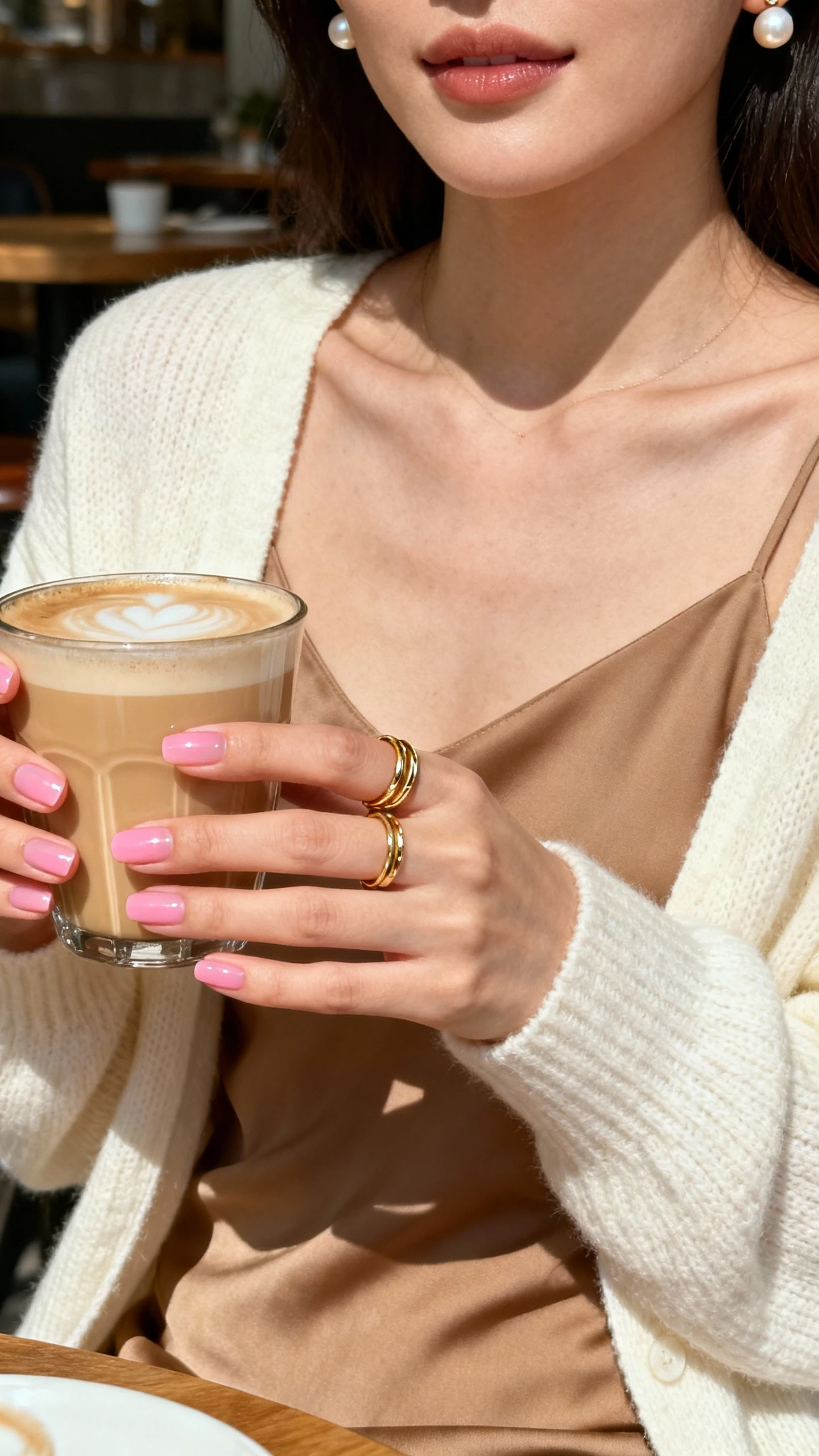 iPhone selfie cropped at shoulders of a woman with sheer pink milk bath nails, wearing a cream cashmere cardigan over a tan slip dress, delicate gold ring stack, pearl studs, holding a latte in a sunlit cafe, face not visible, morning light, natural iPhone aesthetic.