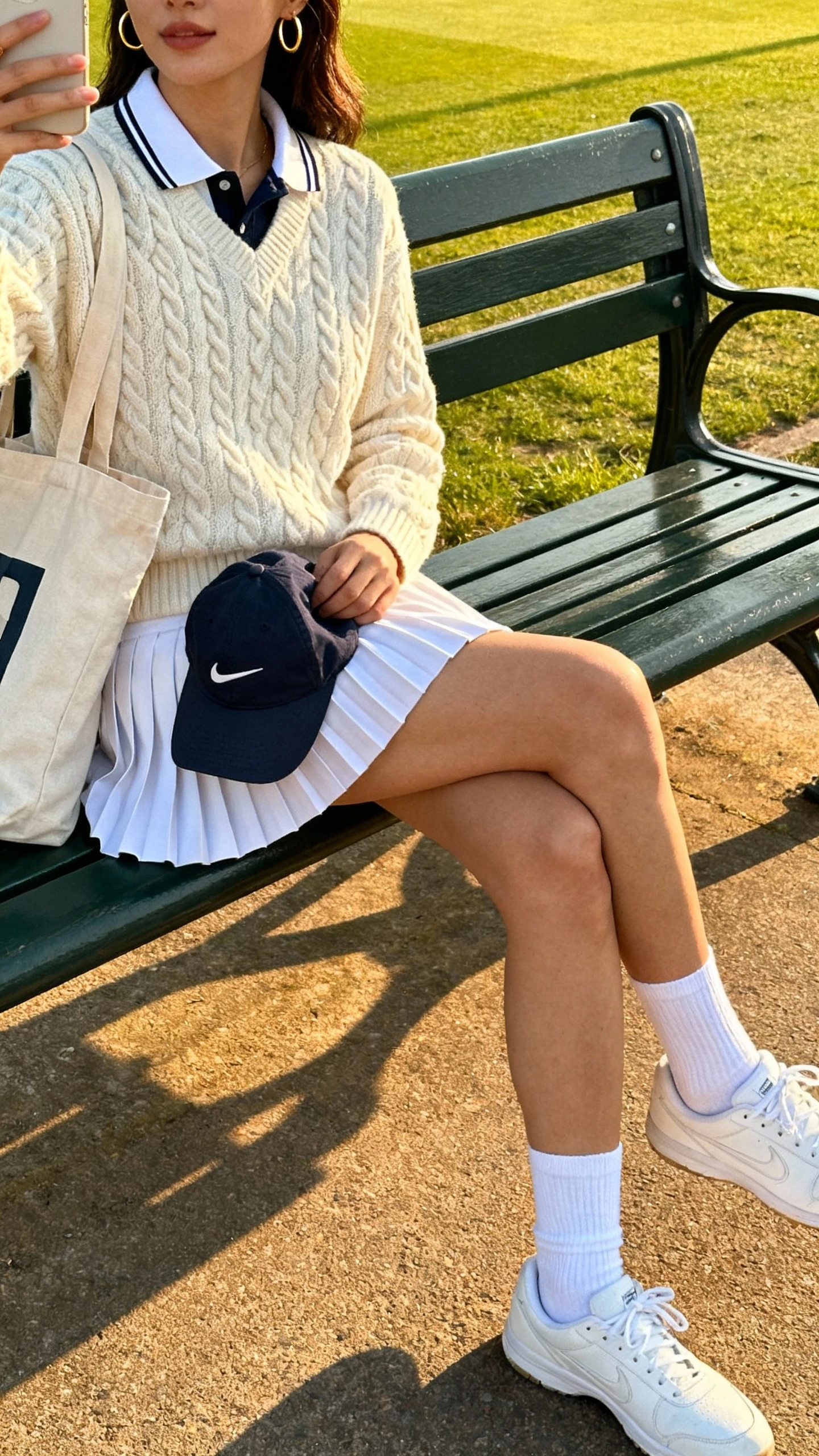 iPhone selfie from a side angle showing a woman in a cable-knit sweater over a collared polo, pleated tennis skirt, white crew socks, clean white sneakers, baseball cap tucked under arm, thin gold hoops, canvas tote, face not visible, country club-style park bench setting, bright afternoon light, natural iPhone aesthetic.