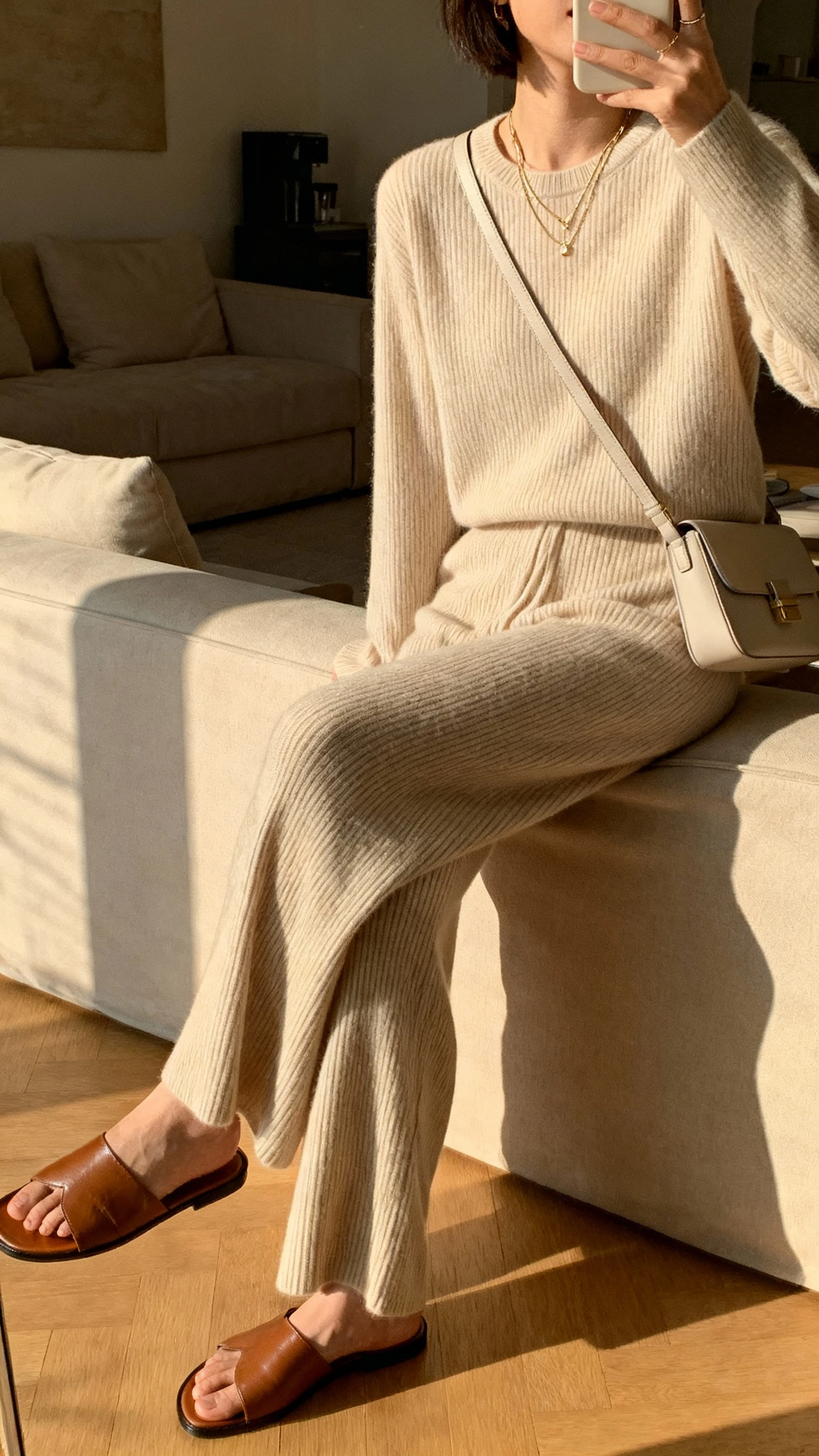 iPhone side-angle couch selfie of a woman in a matching luxe knit set (fine-gauge sweater and knit wide-leg pants), sleek leather slides, delicate layered necklace, and a soft crossbody bag, face not visible, living room with soft afternoon light, casual iPhone photo.