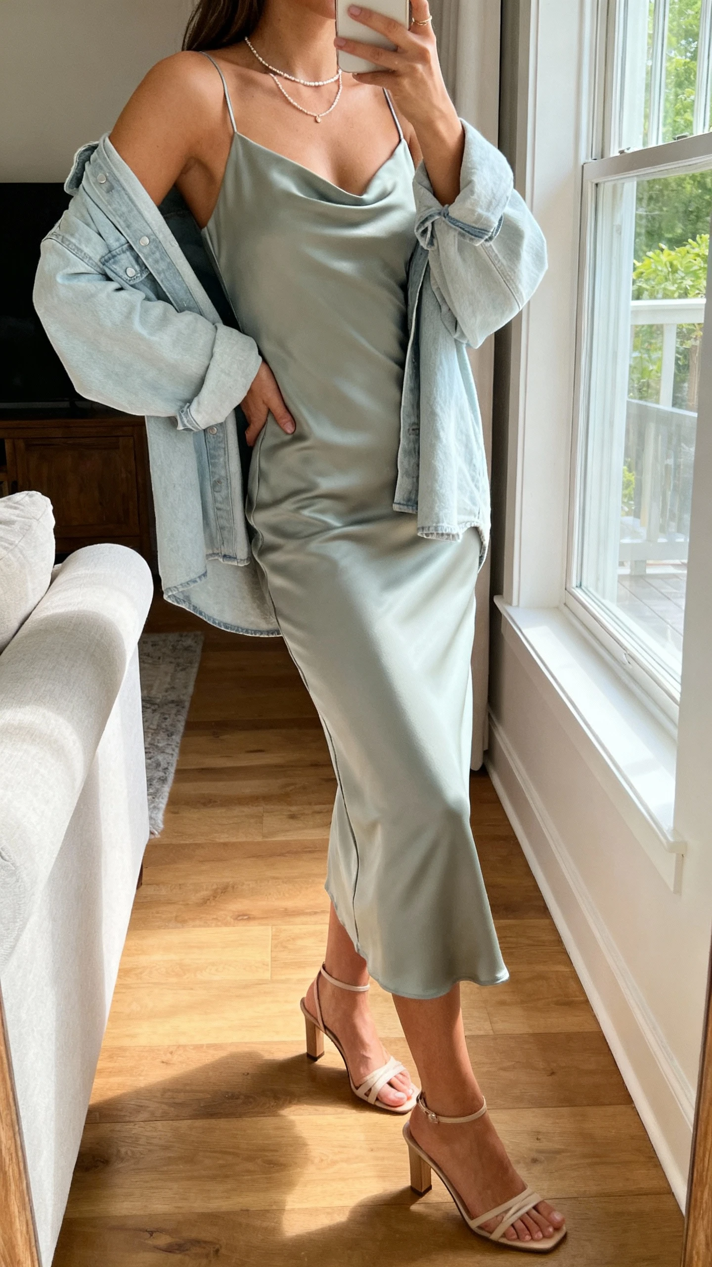 iPhone side-angle selfie of a woman in a bias-cut slip dress with a light layer (cardigan or denim jacket draped), delicate necklace, heeled sandals, face not visible, living room near window, natural daylight, natural iPhone photo quality