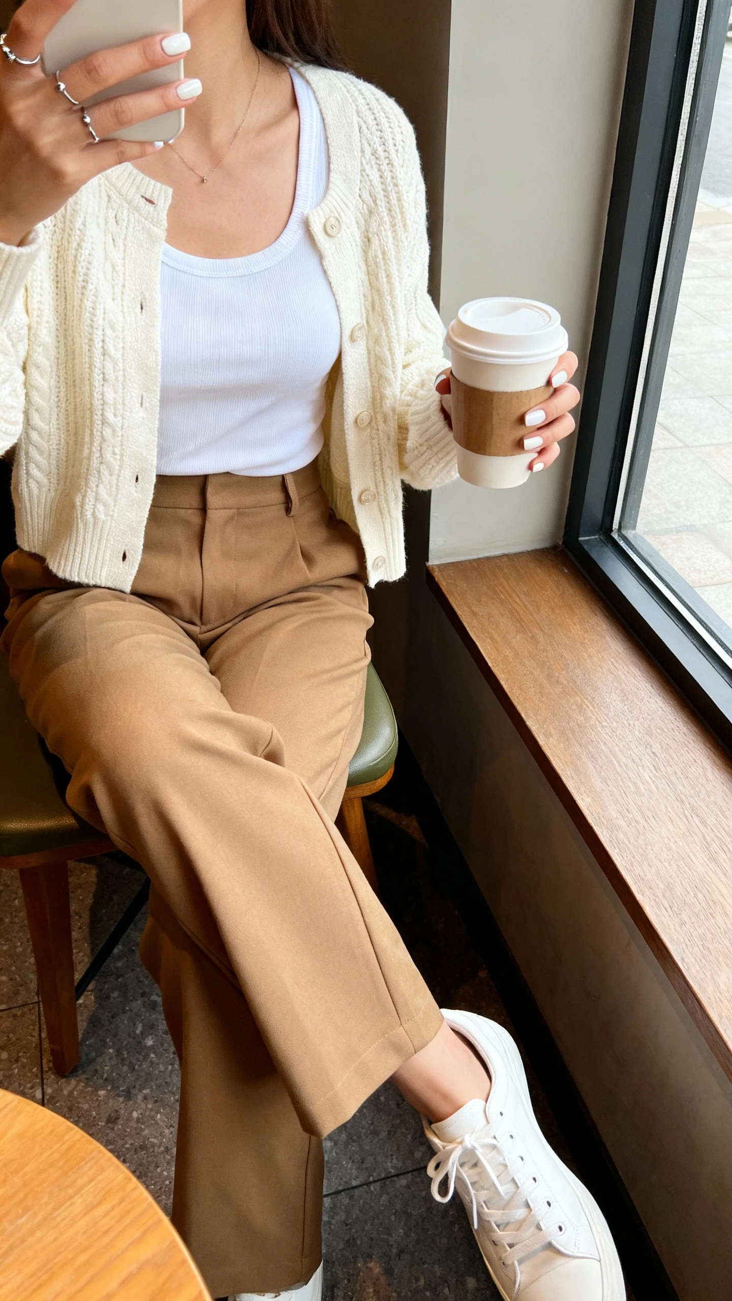 iPhone side-angle selfie of a woman in a cream knit cardigan over a white tank, tailored camel trousers, white sneakers, minimal silver studs, milky white nails on a coffee cup, face not visible, cozy cafe corner by a window, natural daylight, casual iPhone photo