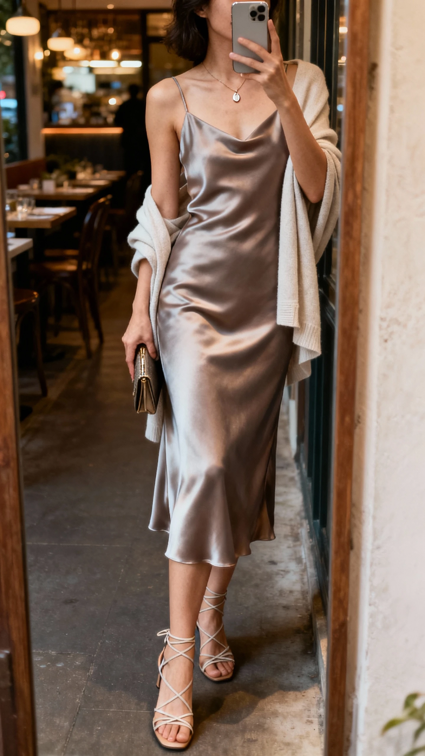 iPhone side-angle selfie of a woman in a satin slip dress: midi bias-cut satin slip, strappy heels, delicate pendant necklace, small clutch, light cardigan draped over shoulders, face not visible, hallway mirror outside a restaurant, warm evening indoor lighting, natural iPhone aesthetic