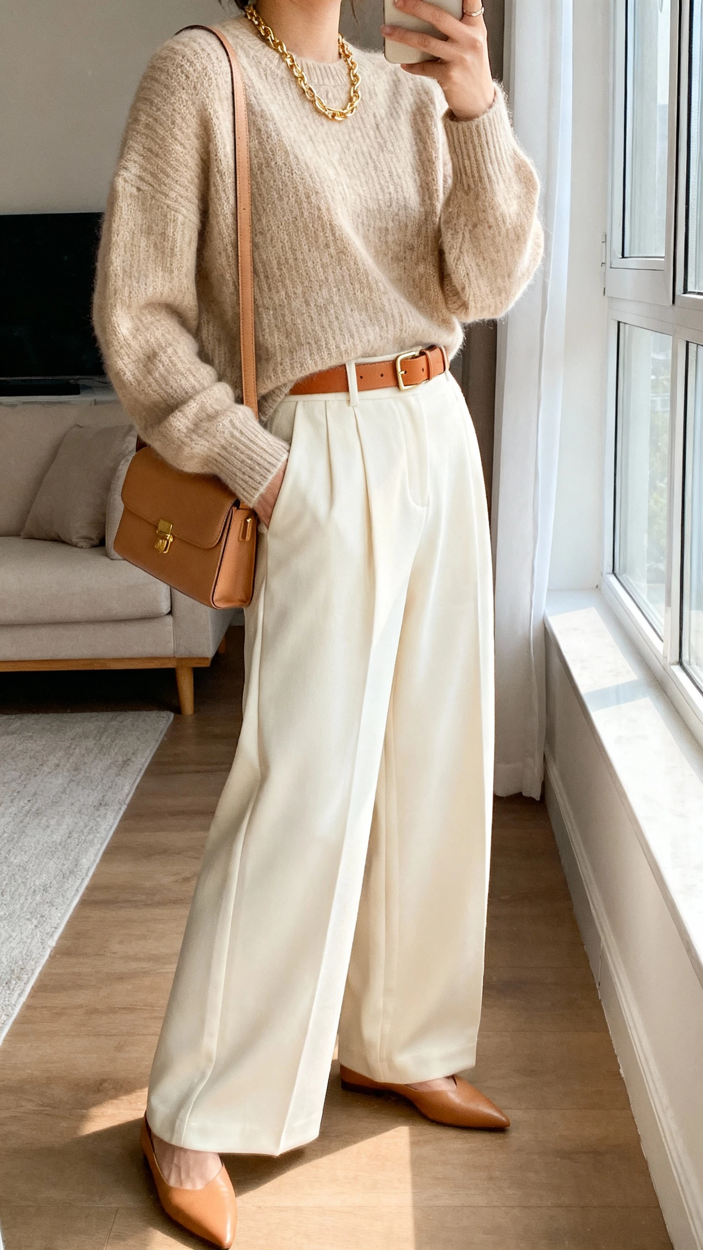 iPhone side-angle selfie of a woman in head-to-toe neutrals: beige knit sweater, cream wide-leg trousers, tan belt, camel shoulder bag, tan pointed flats, delicate gold chain; living room near window, face not visible, natural daylight, casual iPhone aesthetic.