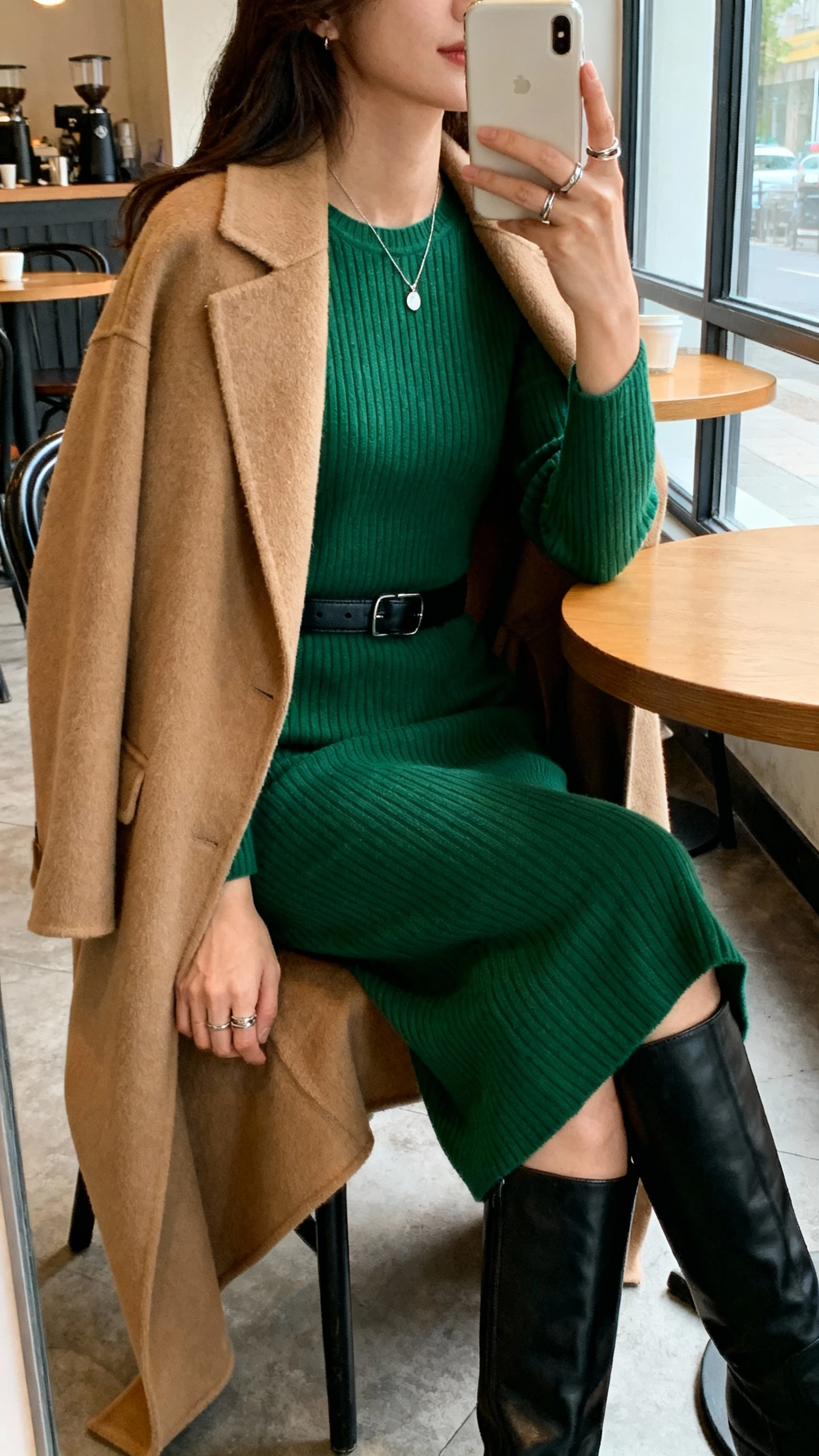 iPhone side-angle selfie of a woman seated at a cafe wearing a ribbed knit midi dress in forest green, black leather knee-high boots, camel longline wool coat draped on shoulders, minimal black leather belt, delicate pendant necklace and stacked rings; face not visible, morning window light, casual iPhone photo.
