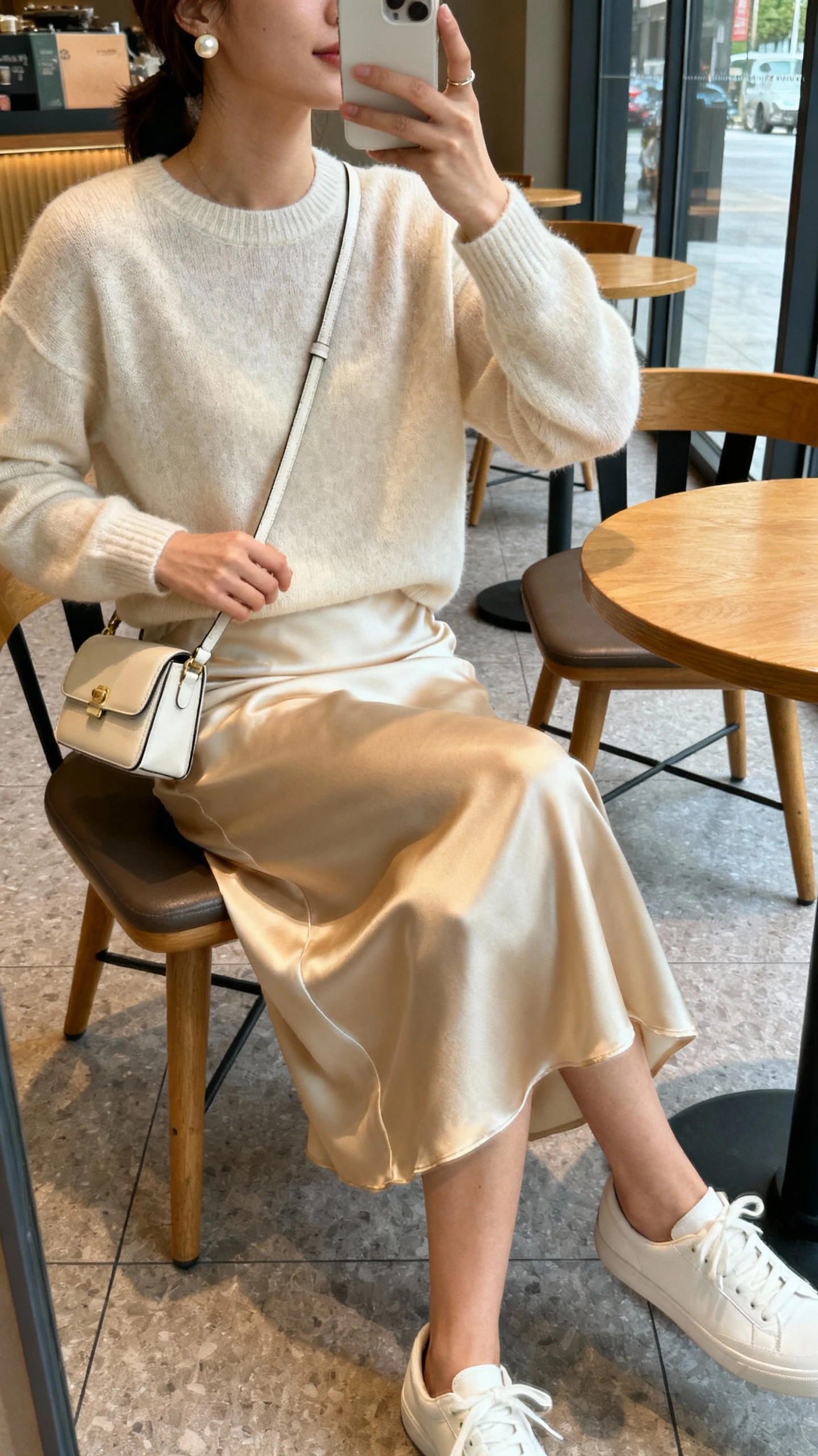 iPhone side-angle selfie of a woman wearing a champagne midi slip skirt with a lightweight crewneck sweater, minimalist white sneakers, mini shoulder bag, pearl studs; coffee shop seating, natural daylight, face not visible, natural iPhone photo quality.