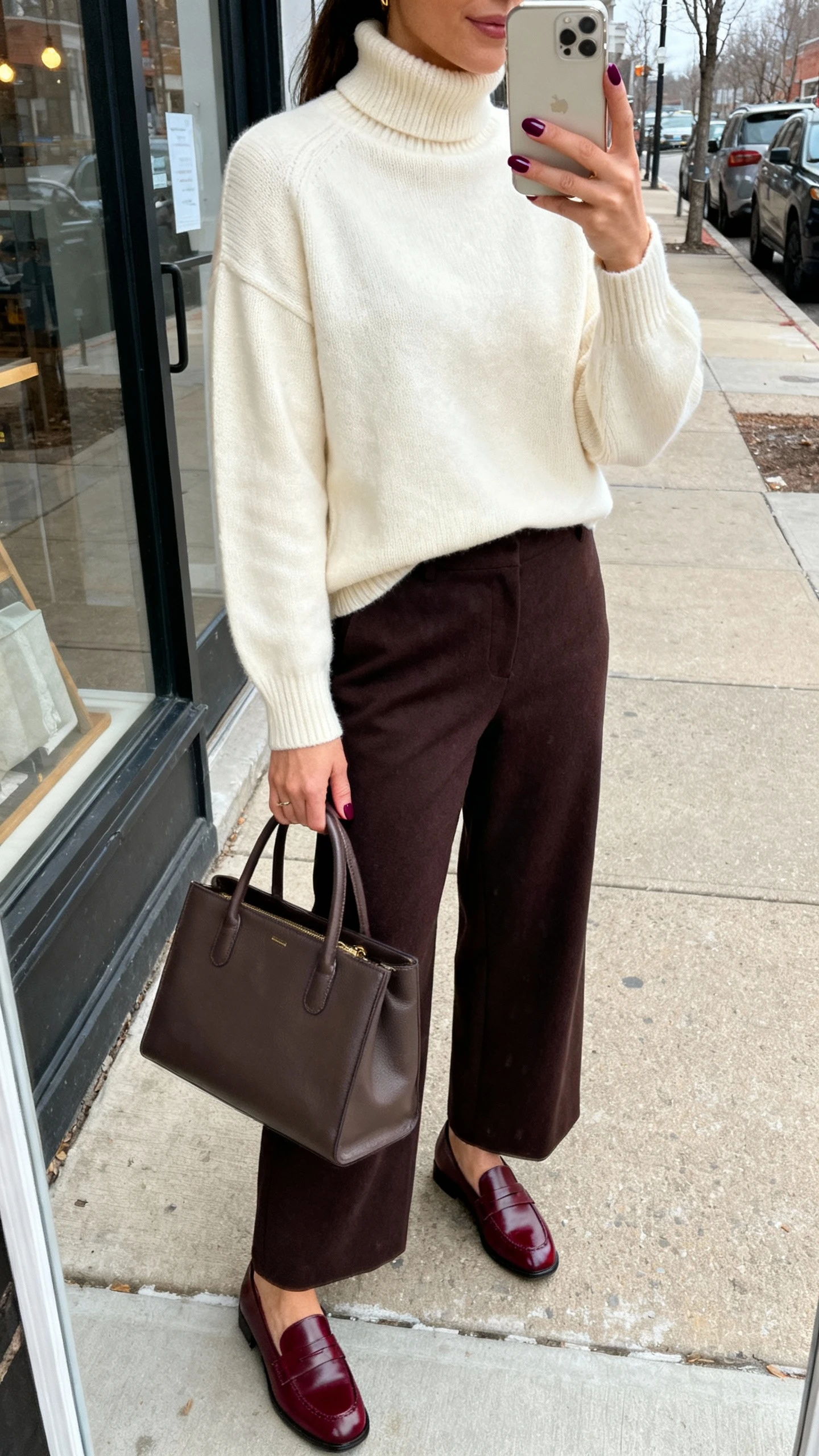 iPhone side-angle selfie of a woman wearing a cream turtleneck, dark chocolate wide-leg trousers, burgundy loafers, structured tote, deep berry nails holding the tote handle, face not visible, sidewalk by storefront, overcast natural daylight, natural iPhone photo quality
