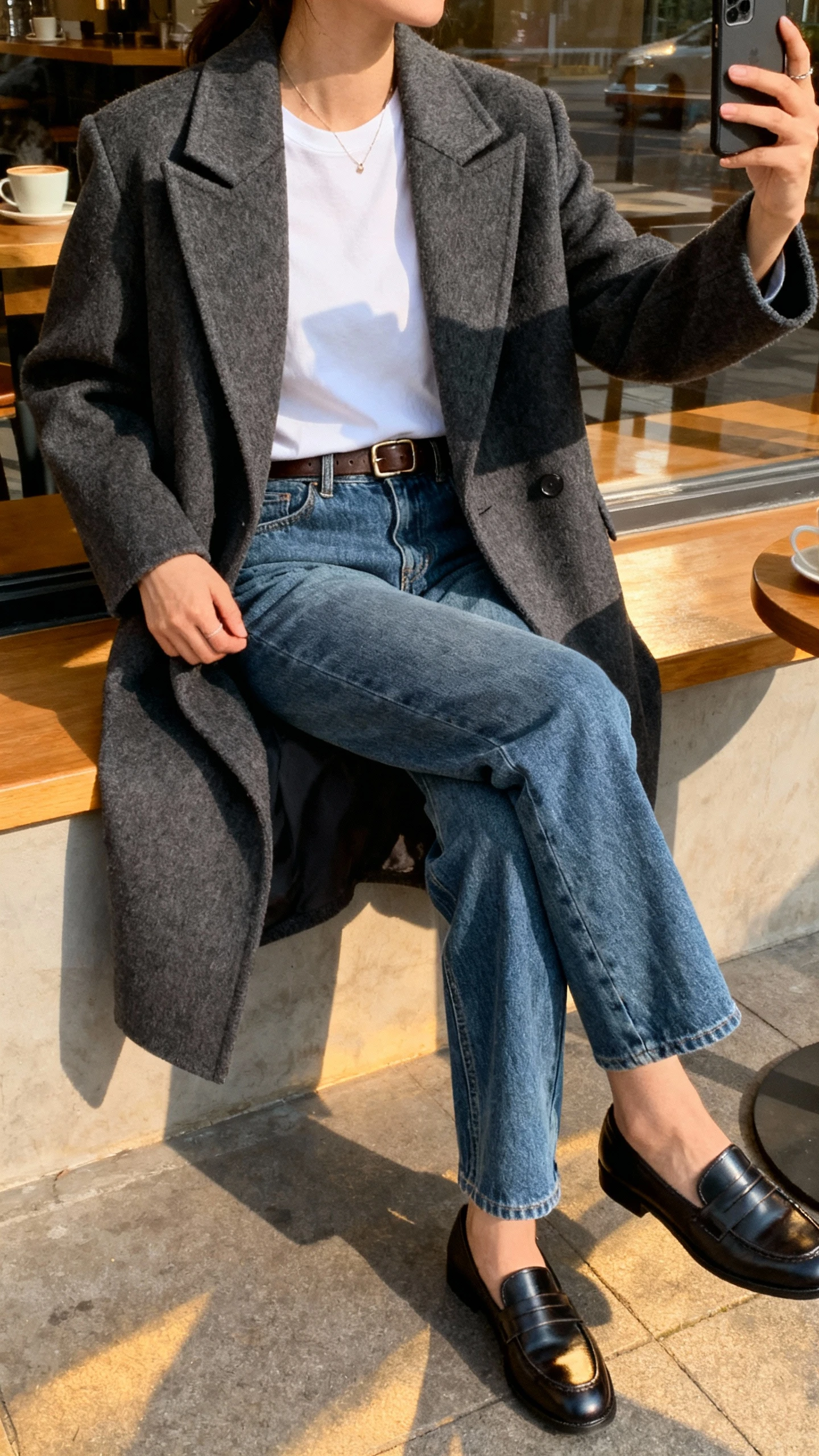 iPhone side-angle selfie of a woman wearing a tailored charcoal wool topcoat with sharp lapels, white tee, high-rise straight-leg blue jeans, sleek loafers, leather belt, minimal necklace; face not visible, coffee shop window seat, morning natural light, natural iPhone photo quality.