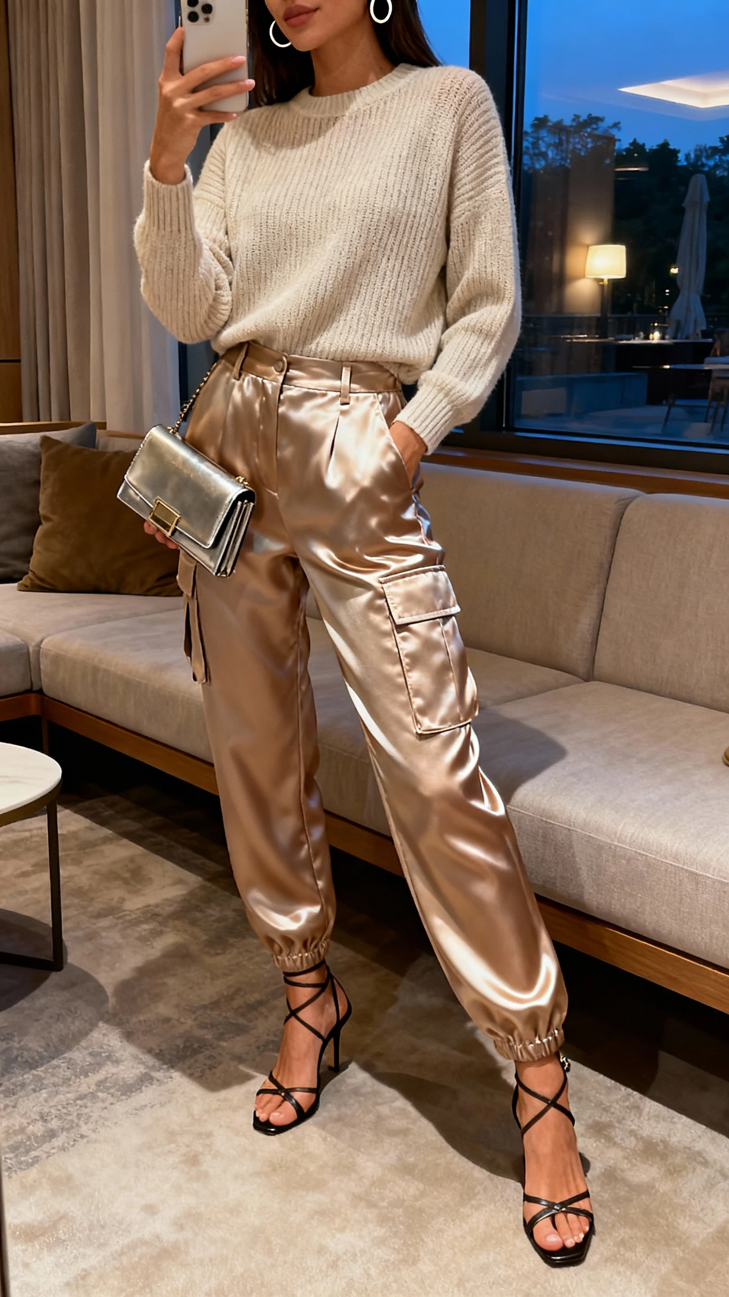 iPhone side-angle selfie of a woman wearing satin cargo pants with a minimal fine-knit sweater tucked in, strappy low heels, small hoop earrings, sleek clutch, face not visible, lounge area near a window, evening indoor light, natural iPhone photo quality.