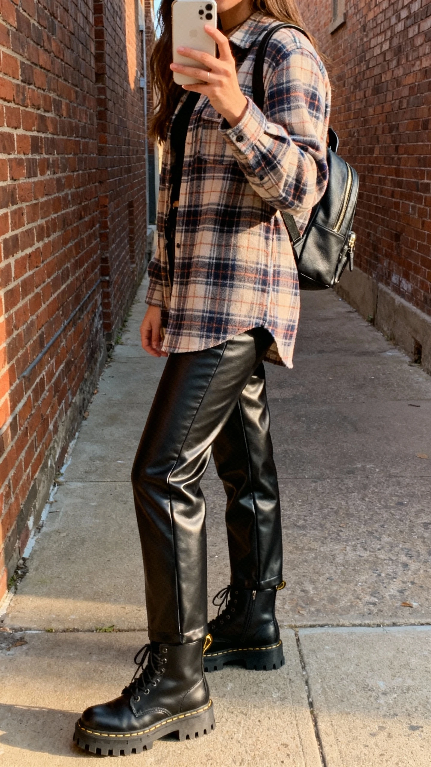 iPhone side-view selfie of a woman wearing a flannel shirt with faux-leather pants and lug-sole boots, small backpack, face not visible, brick alleyway, late-day natural light, casual iPhone photo.