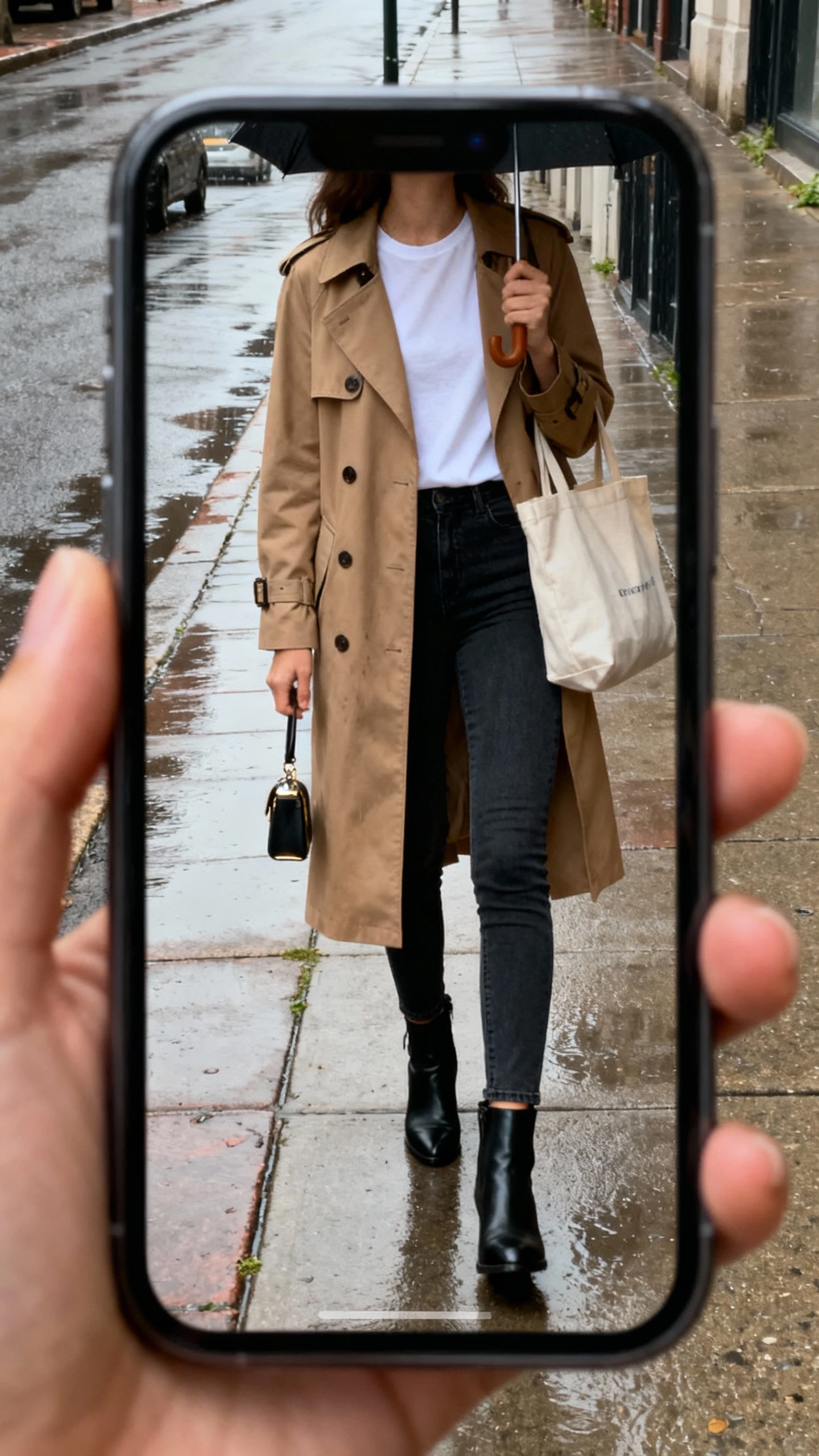 iPhone street mirror reflection of a woman wearing a tan trench coat over a white tee and dark slim jeans, black ankle boots, tote bag, small umbrella in hand, face not visible, rainy sidewalk scene with overcast daylight, natural iPhone photo quality.