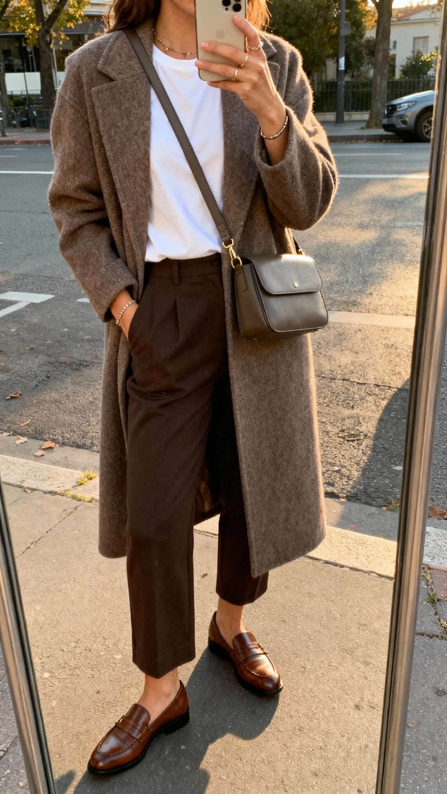 iPhone street-mirror selfie of a woman wearing leather loafers with ankle-grazing trousers, white tee, longline wool coat, minimal jewelry, structured crossbody; face not visible, late afternoon daylight, casual iPhone aesthetic.