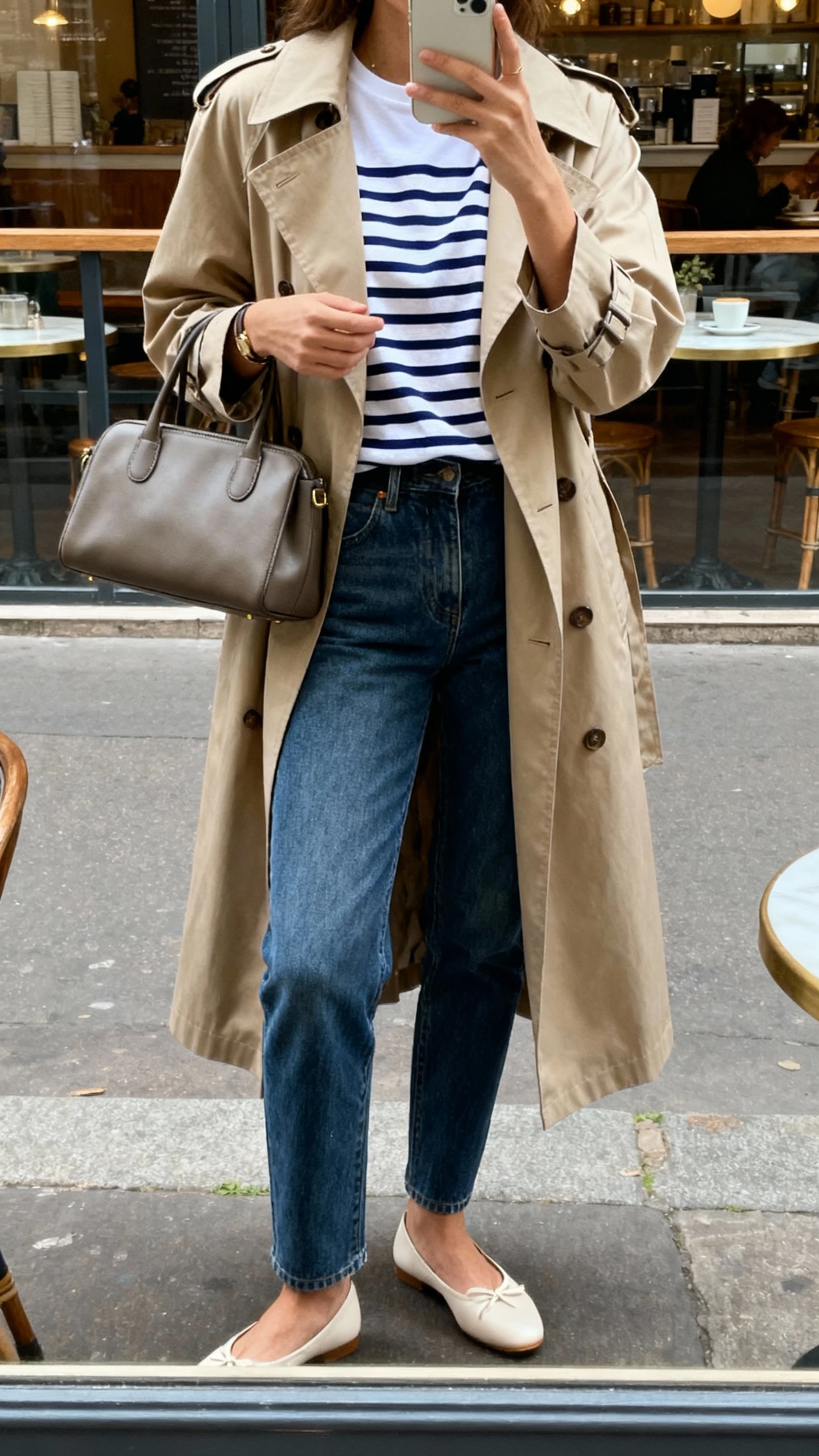 iPhone street reflection selfie of a woman wearing a classic trench coat over a navy-and-white Breton stripe tee, straight jeans, ballet flats, structured tote, face not visible, natural daylight by a cafe window, relaxed iPhone look.