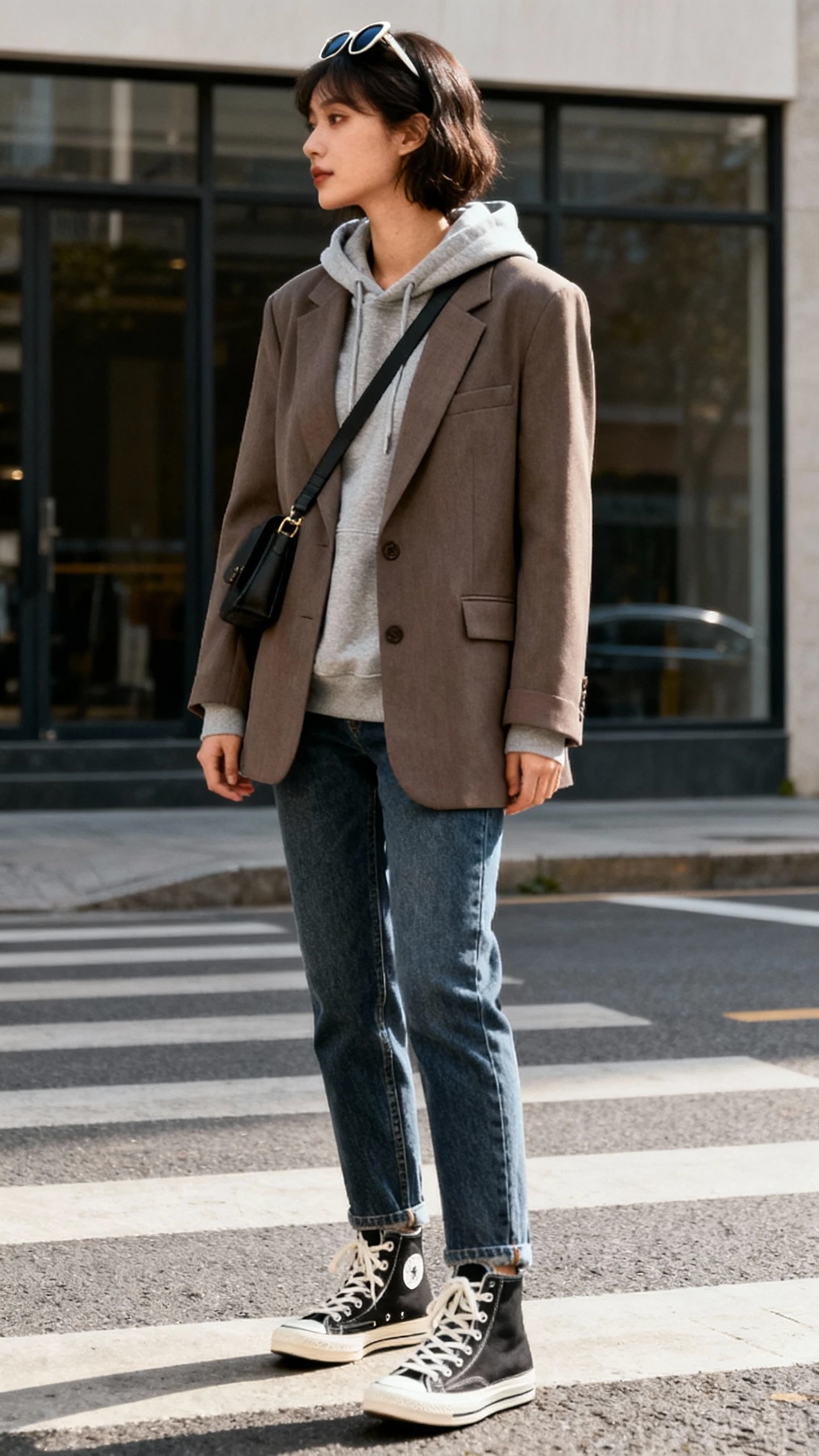 iPhone street-style selfie, side angle, of a woman wearing a boyfriend blazer layered over a hoodie, straight jeans, high-top sneakers, crossbody bag, sunglasses pushed to head, face not visible, urban backdrop in daylight, natural iPhone photo quality.