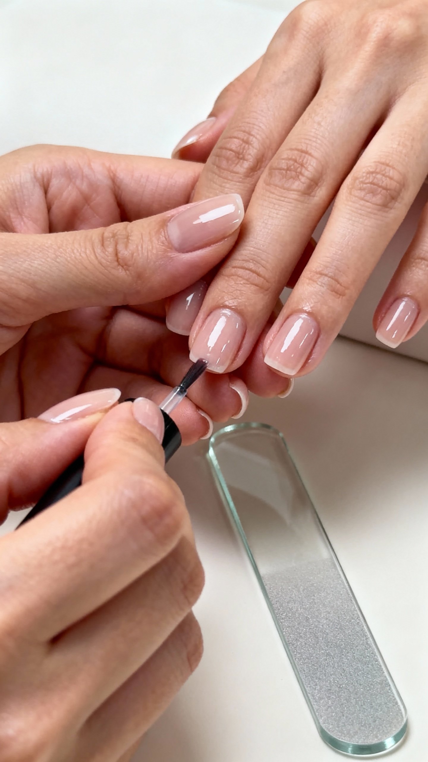 Closeup female hands applying base coat, glass file, squoval nails