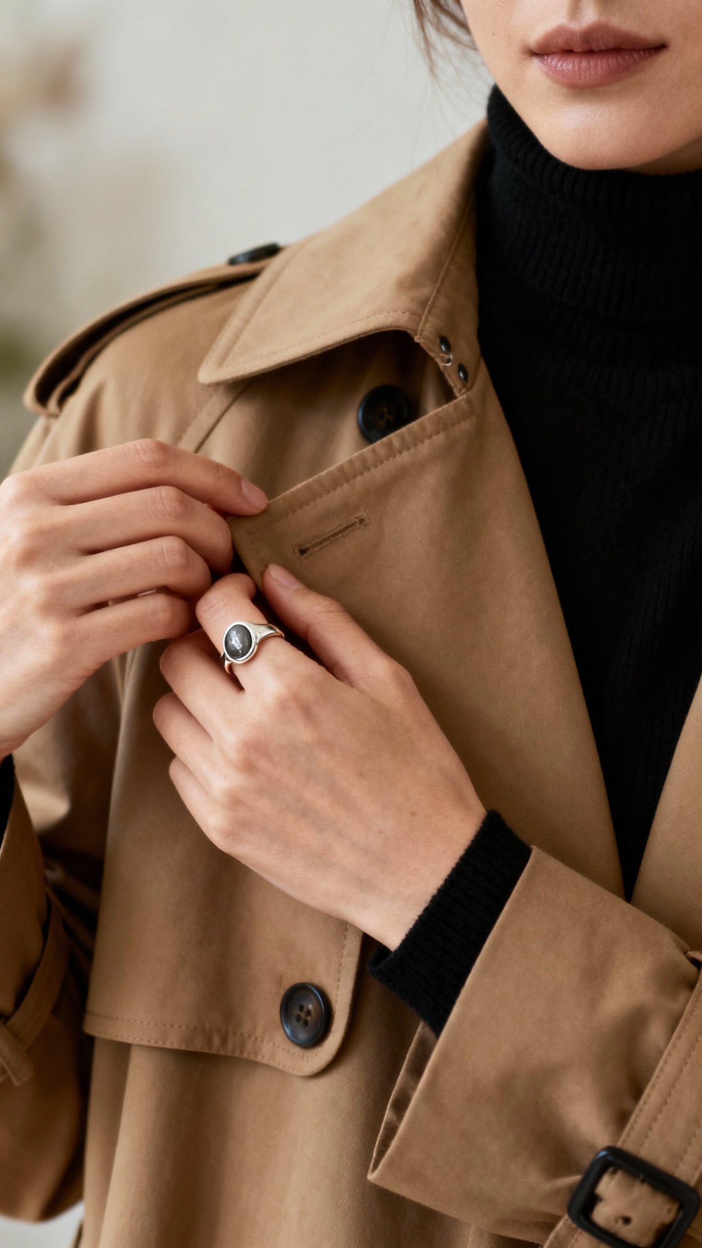 Closeup female hands arranging camel trench, black turtleneck, signet ring