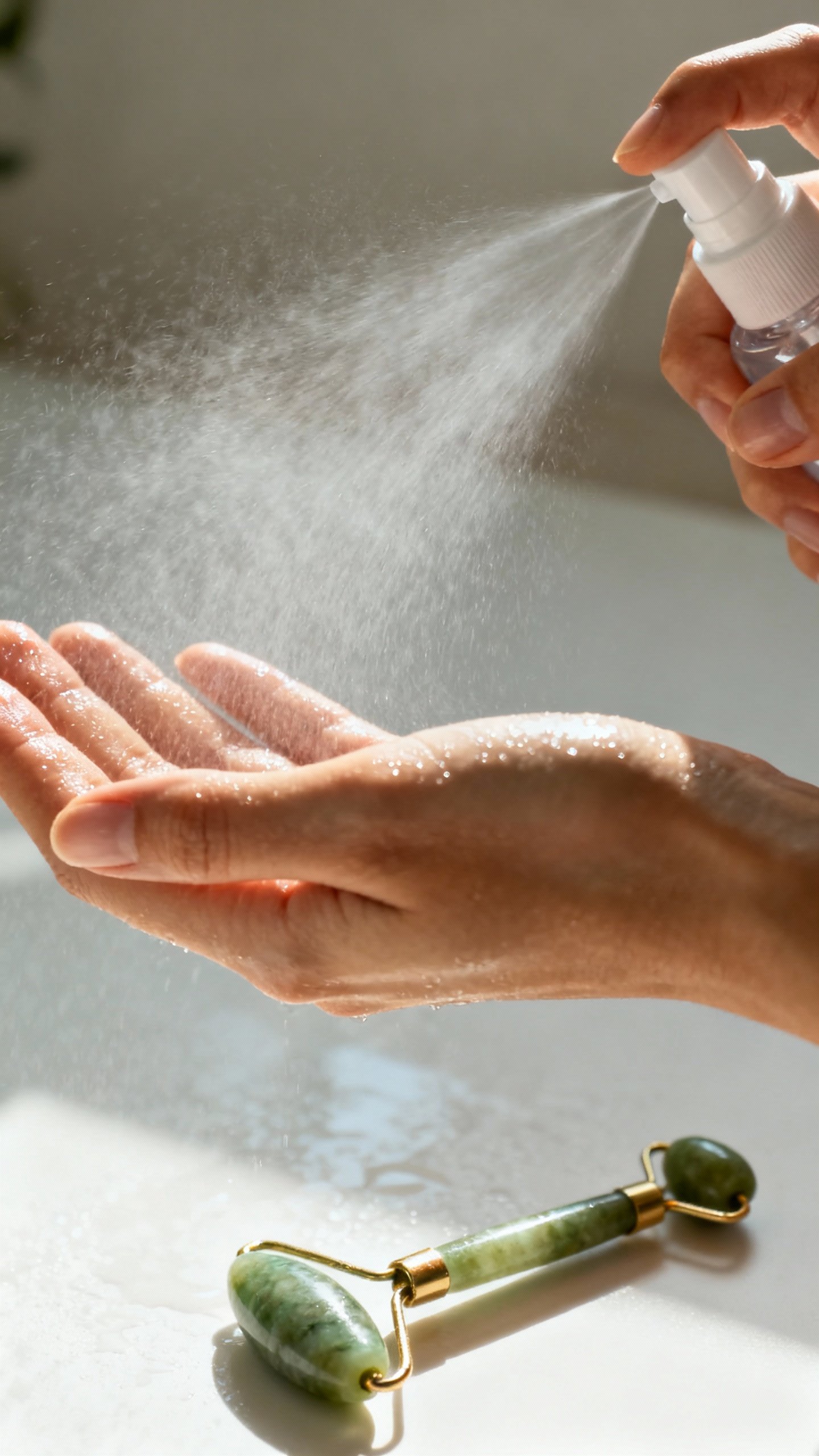 Closeup female hands misting face, dewy skin, jade roller, soft morning light