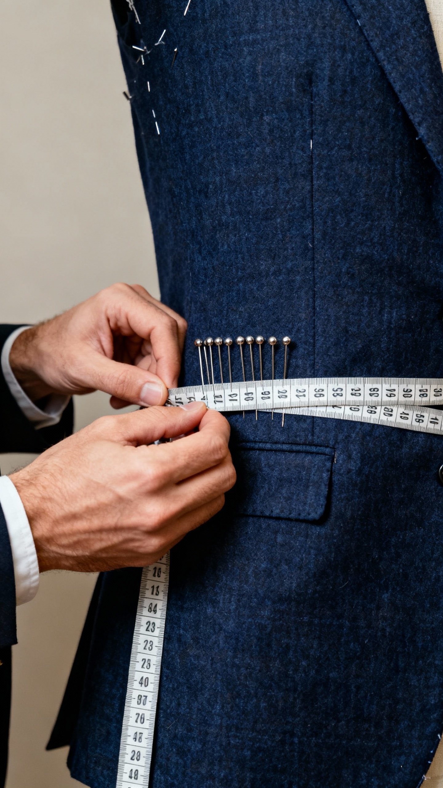 Closeup male tailoring blazer waist, pins, measuring tape, navy wool