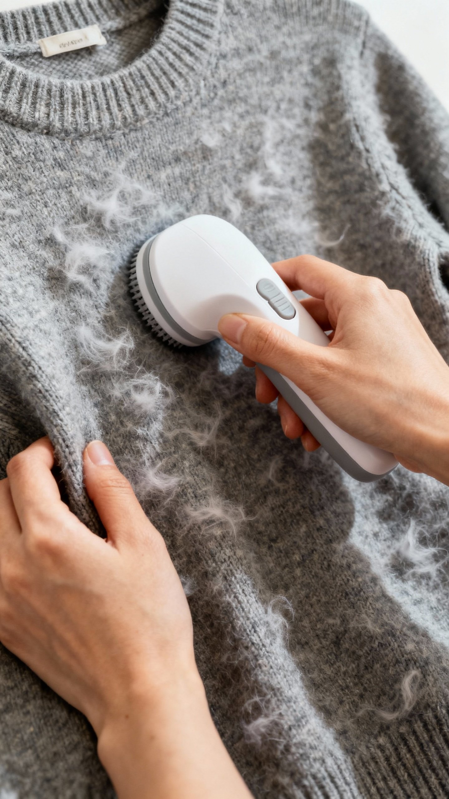 Closeup of female hands using fabric shaver on pilled sweater, soft gray knit texture