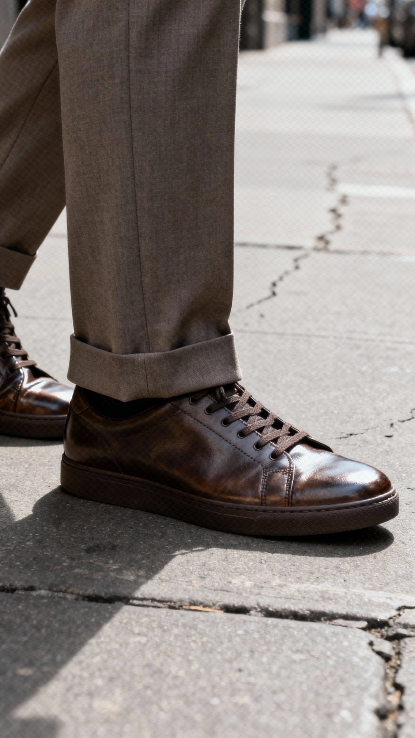 Commuter’s polished leather sneakers and tapered trousers hem, city sidewalk