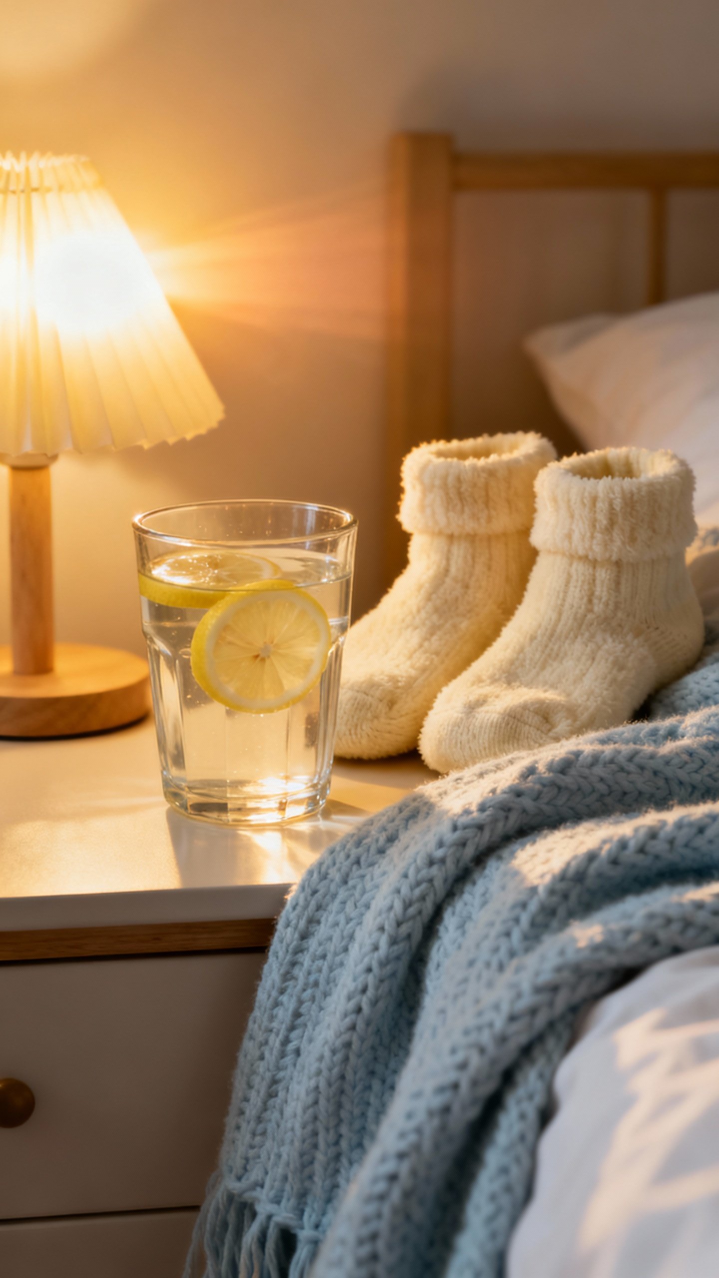 Cozy bedside scene: sunrise lamp glow, glass of lemon water, plush socks, soft knit blanket