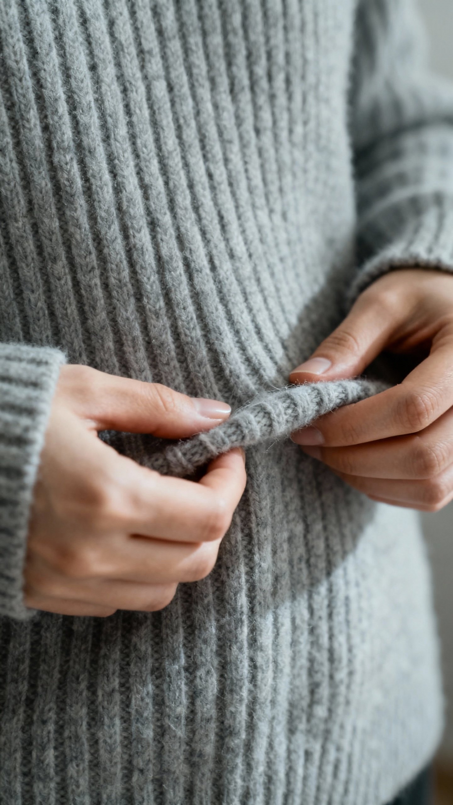 Female hands fabric shaving ribbed knit sweater, soft gray texture
