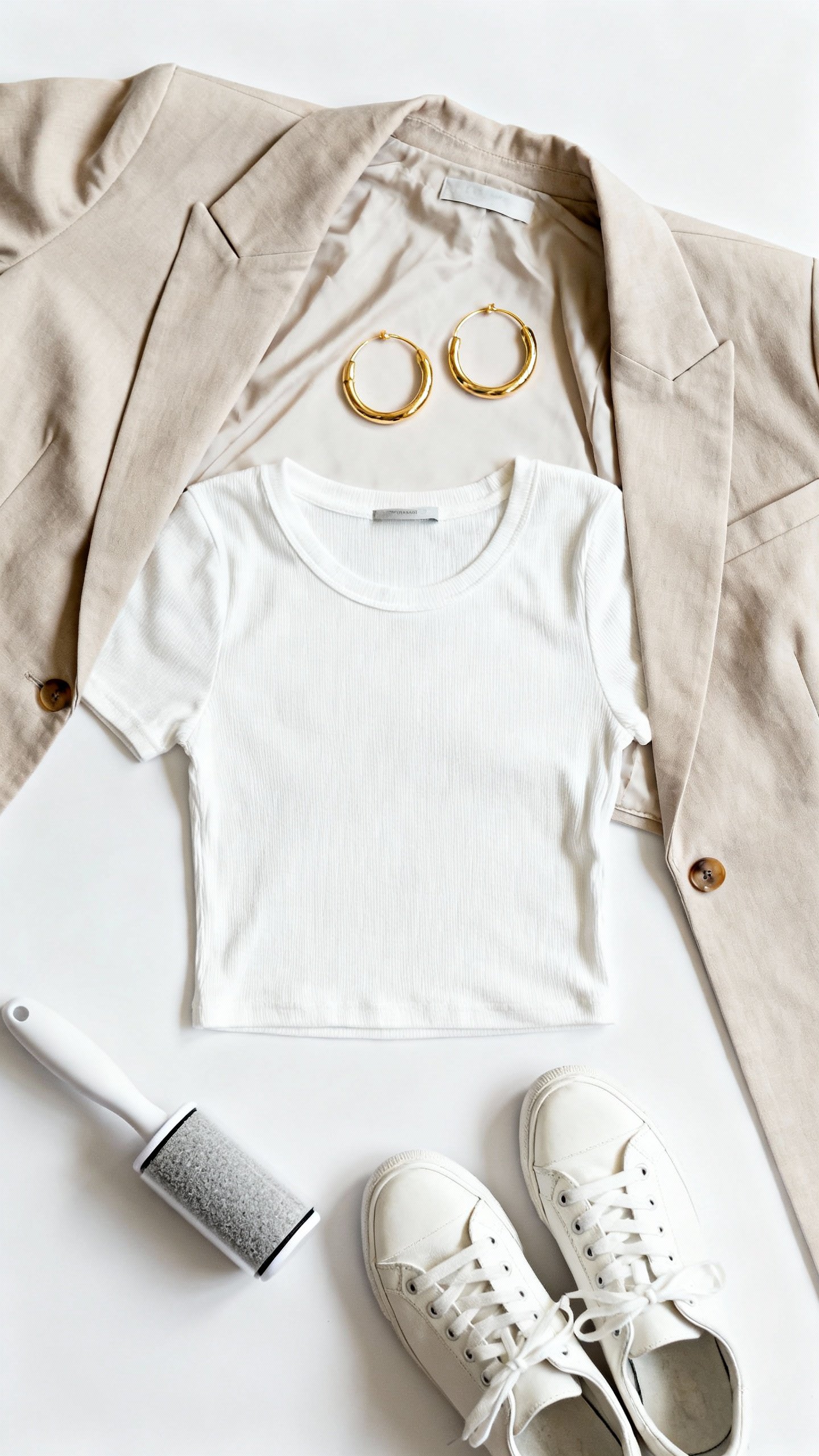 Flatlay: blazer, fitted tee, gold hoops, white sneakers, mini lint roller