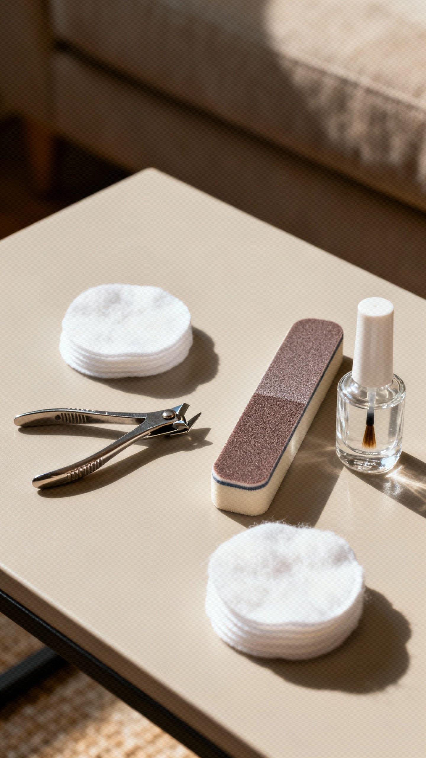Overhead coffee table manicure setup: clippers, buffer, cotton pads, top coat