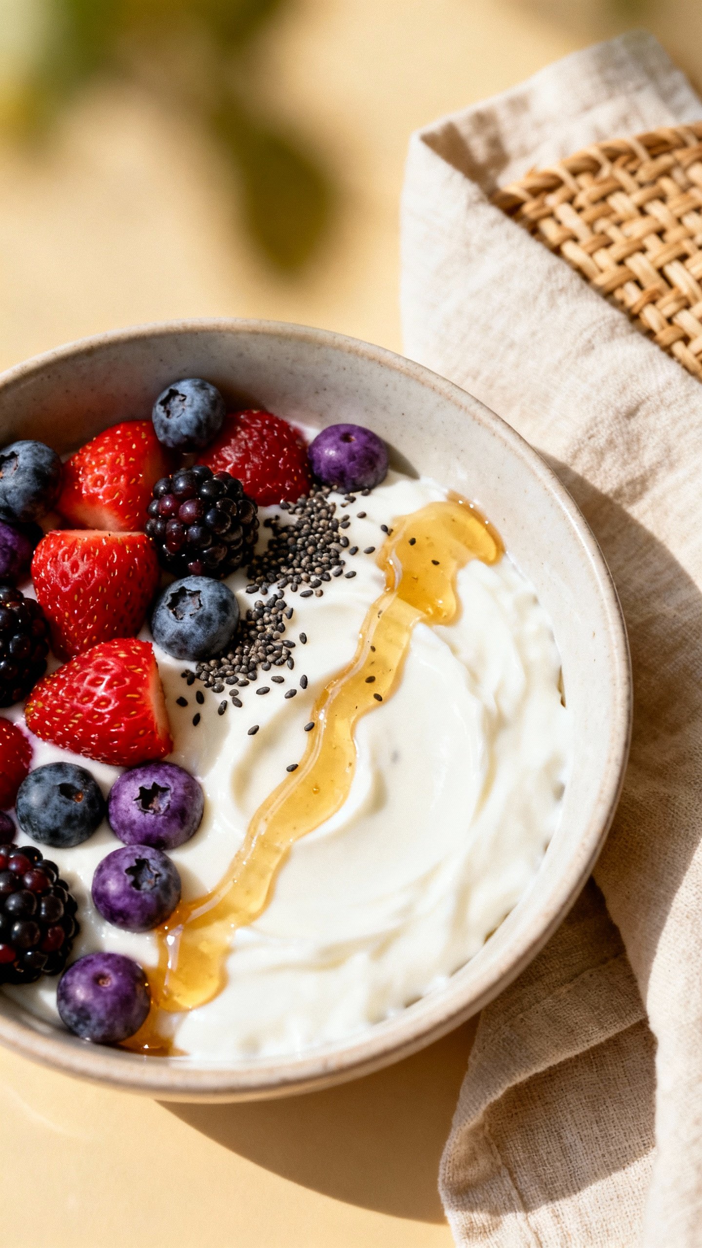 Overhead yogurt bowl: Greek yogurt, berries, honey drizzle, chia, linen napkin