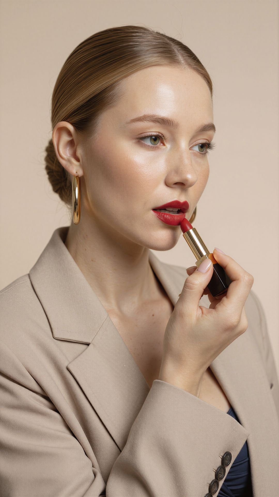Closeup red lipstick application with hoop earrings, sleek bun, neutral blazer