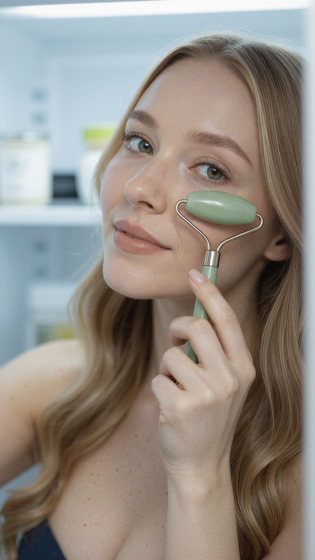 Closeup of this female's hands rolling jade roller under eyes, fridge light