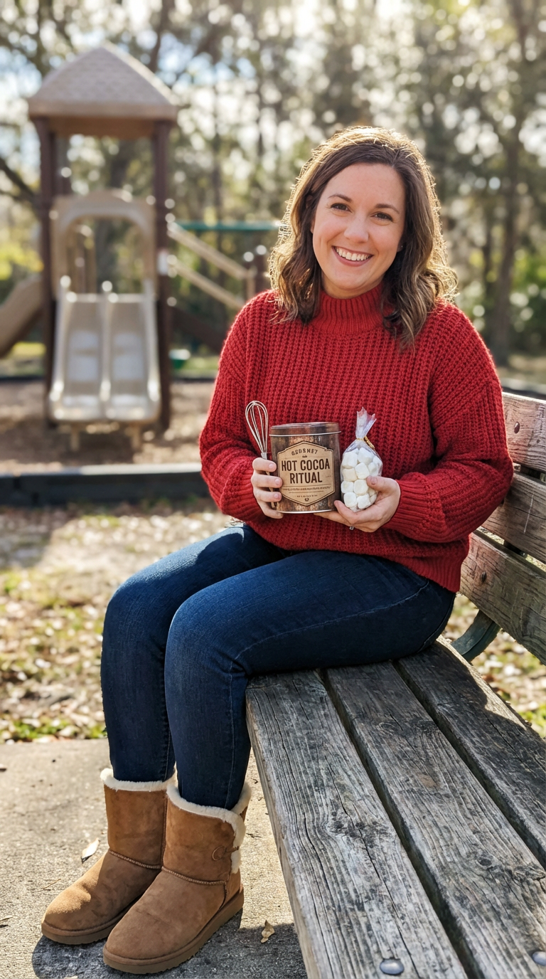 A woman wearing a red knit sweater, dark jeans, shearling-lined boots, and holding a gourmet hot chocolate ritual kit (tin, whisk, marshmallows) while sitting on a playground bench, smiling, casual iPhone photo style, sunny day, outdoor setting.