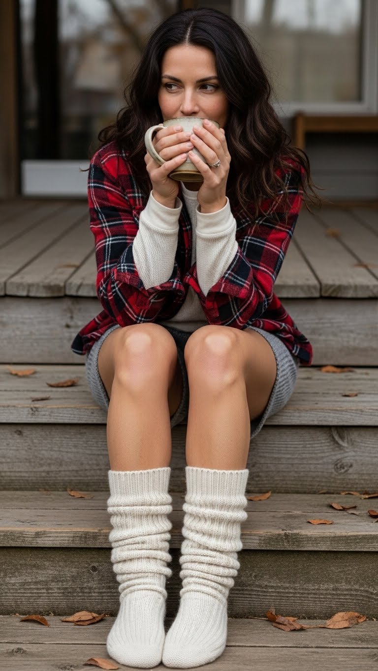 Natural lifestyle photo of a woman in a flannel shirt layered over a thermal top with knit shorts and cozy socks, sitting on a porch step sipping coffee, face slightly blurred, cool daylight, iPhone photo quality, relaxed and unstaged