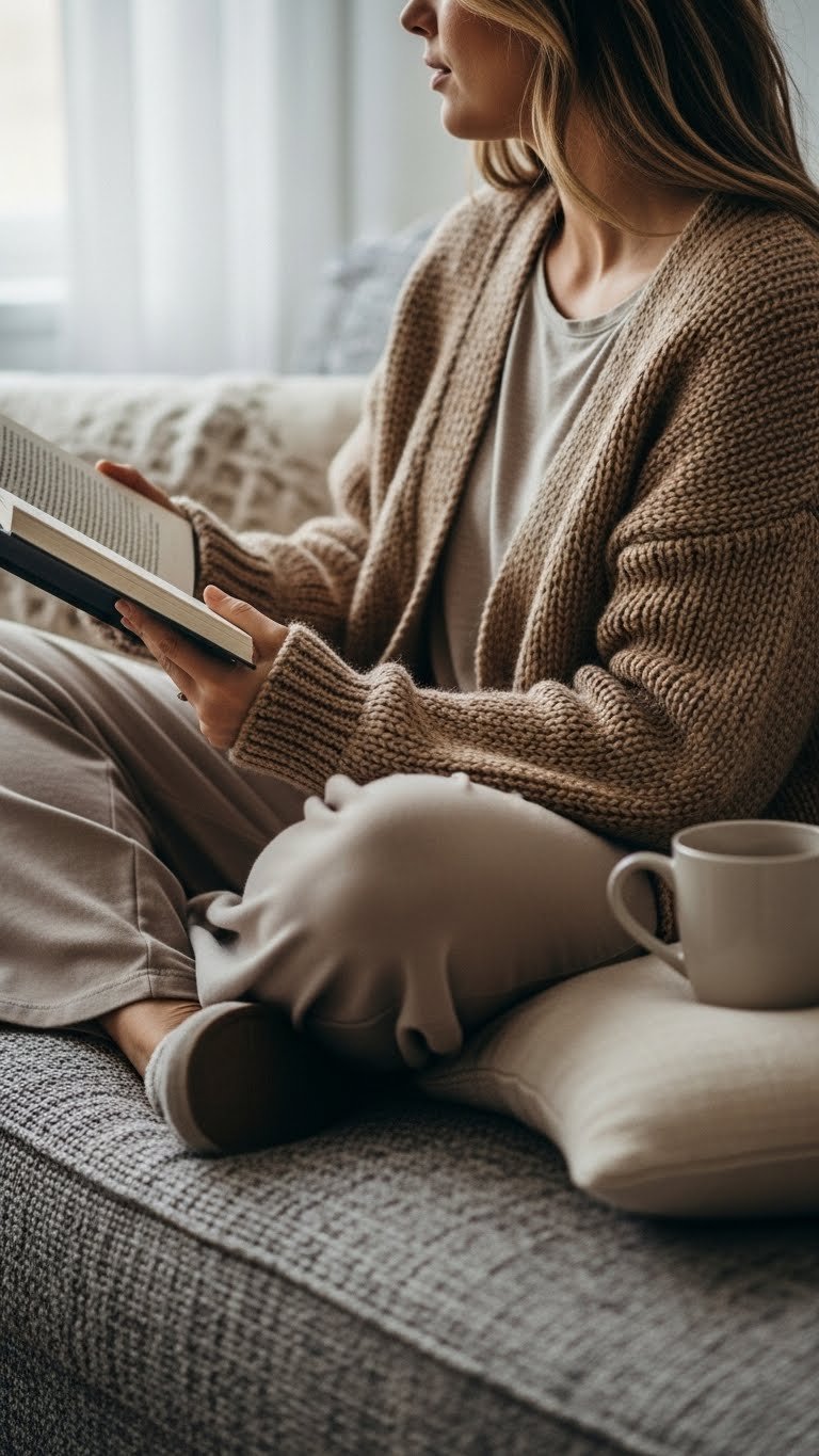 Natural lifestyle photo of a woman in a relaxed cardigan layered over a simple tee with soft wide-leg pants and slippers, reading on a sofa with a mug, face looking away, soft window light, iPhone photo quality, cozy and unstaged