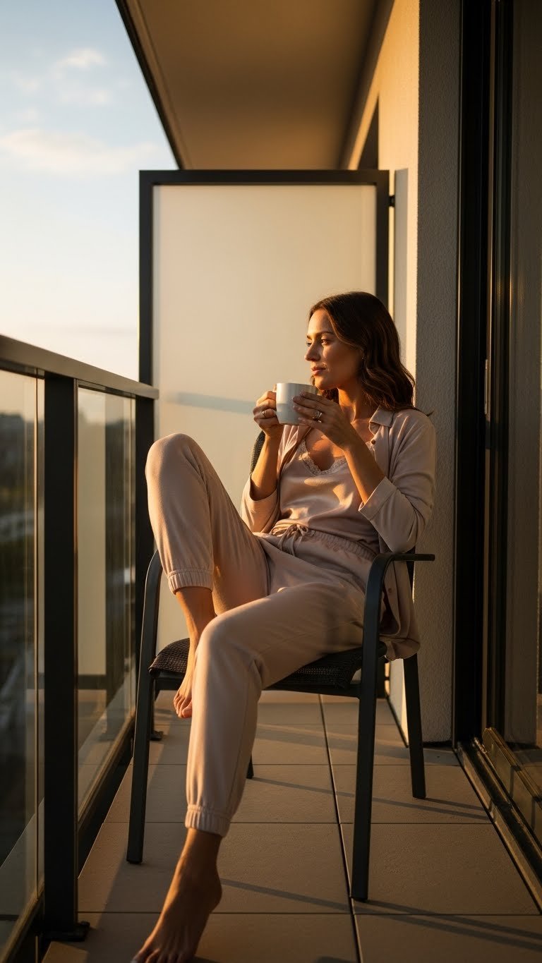 Candid photo of a woman wearing a luxe jogger set paired with a satin camisole peeking out, lounging on a balcony with coffee, face slightly blurred, golden afternoon light, iPhone photo quality, effortless and unstaged
