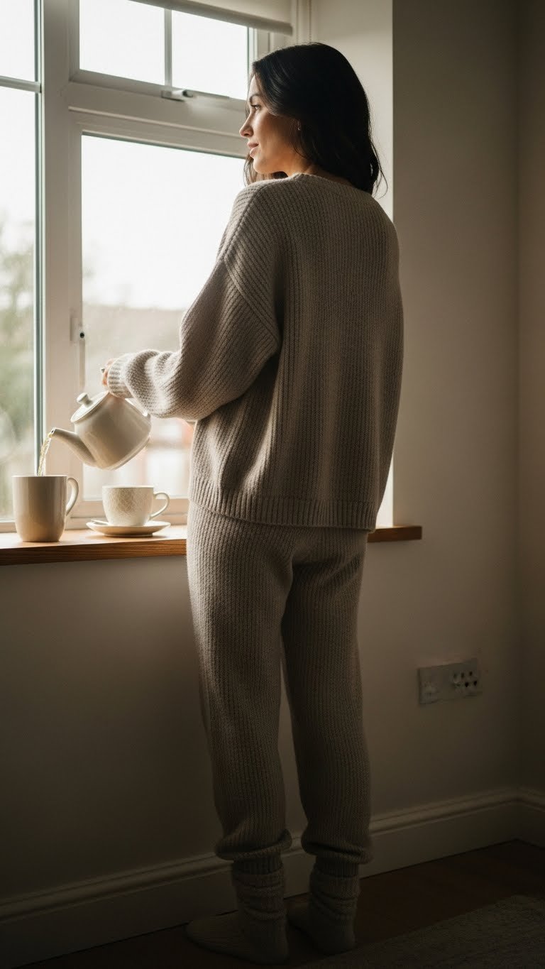 Natural lifestyle photo of a woman wearing a cloud-soft matching knit lounge set (cozy sweater and knit pants) with fuzzy socks, pouring tea by a window at home, face looking away, candid moment, warm daylight, iPhone photo quality, unstaged
