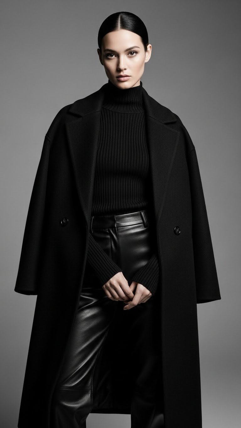 Editorial studio shot of a woman in monochrome layers—either all-black or all-camel—with texture play (wool coat, knit, leather trousers), neutral gray background, soft studio lighting, minimal pose, clean composition.