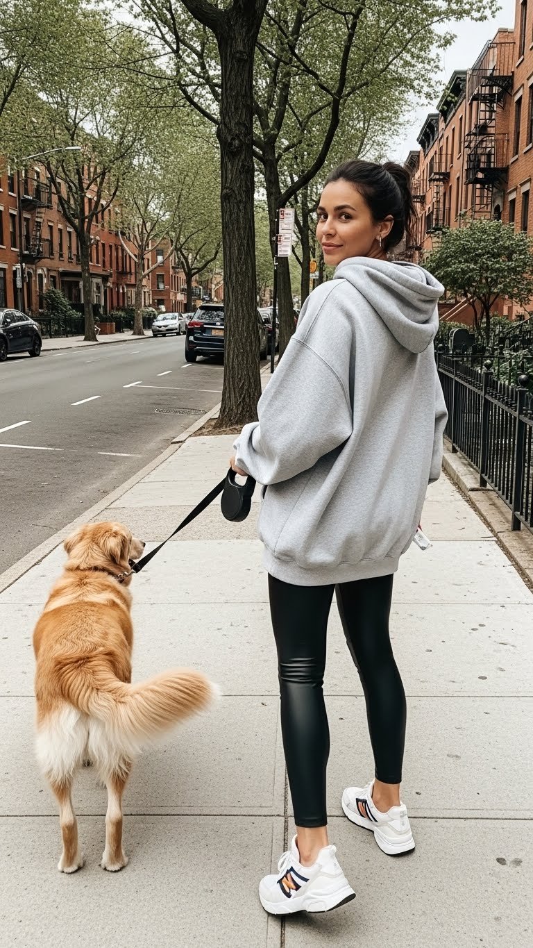 Candid photo of a woman in an oversized hoodie, sleek black leggings, and sporty sneakers, walking a dog on a quiet city street, face slightly blurred, natural daylight, casual iPhone aesthetic, unstaged