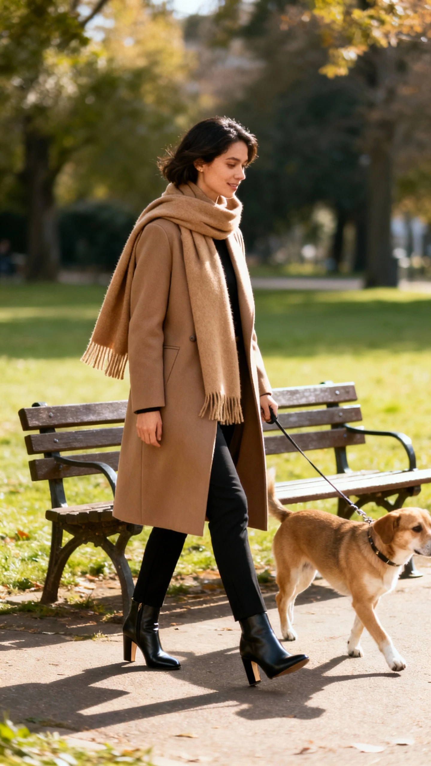 A woman wearing a cashmere-feel camel scarf draped over a tailored long coat, slim black trousers, and heeled ankle boots, walking her dog by a park bench, candid, casual iPhone photo style, sunny day, outdoor setting.