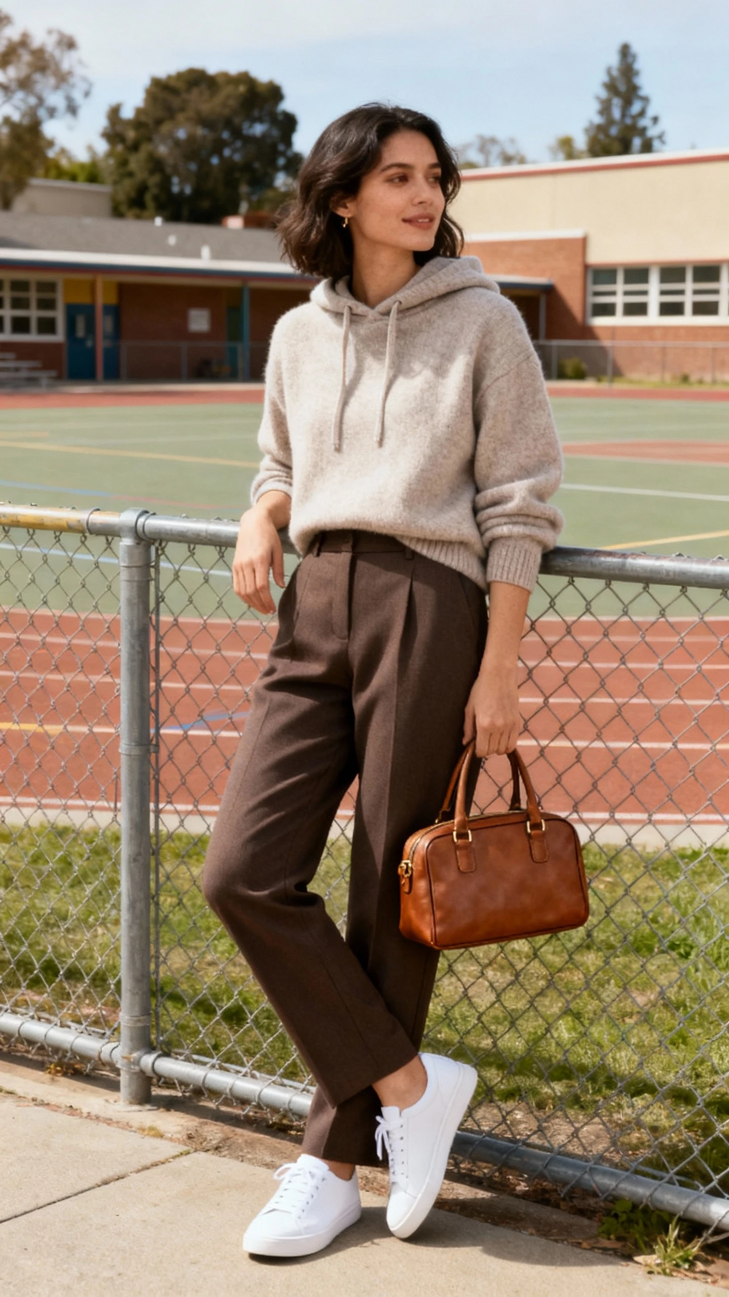 A woman wearing a cashmere hoodie with tailored trousers, minimalist white sneakers, and a compact leather tote, leaning against a fence at a school yard, candid angle, casual iPhone photo style, natural daylight, outdoor setting.