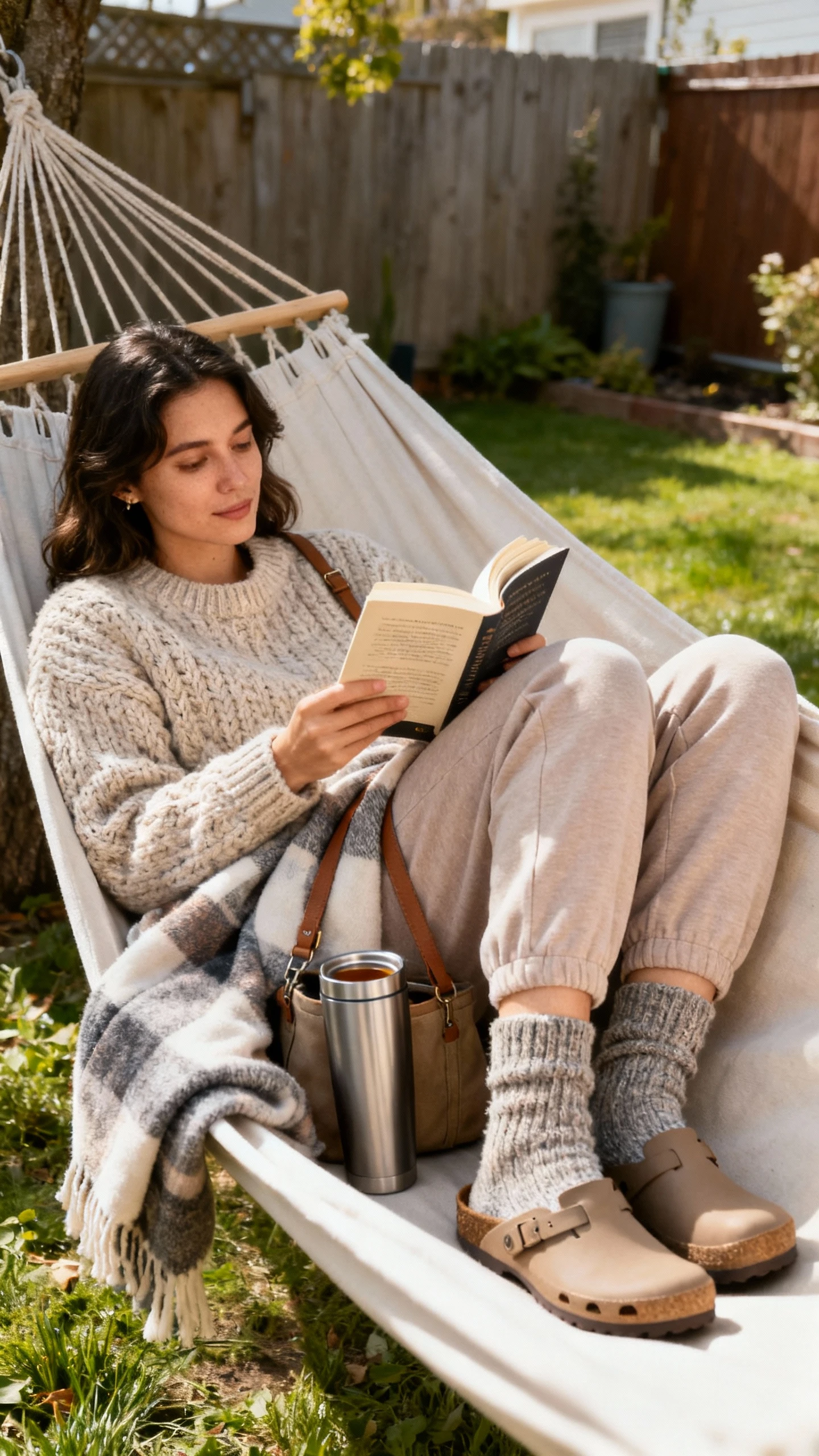 A woman wearing a chunky cardigan, soft joggers, wool socks with clogs, and carrying a cozy reading kit (paperback, blanket, and tea tumbler), curled up on a backyard hammock, casual iPhone photo style, natural daylight, outdoor setting.