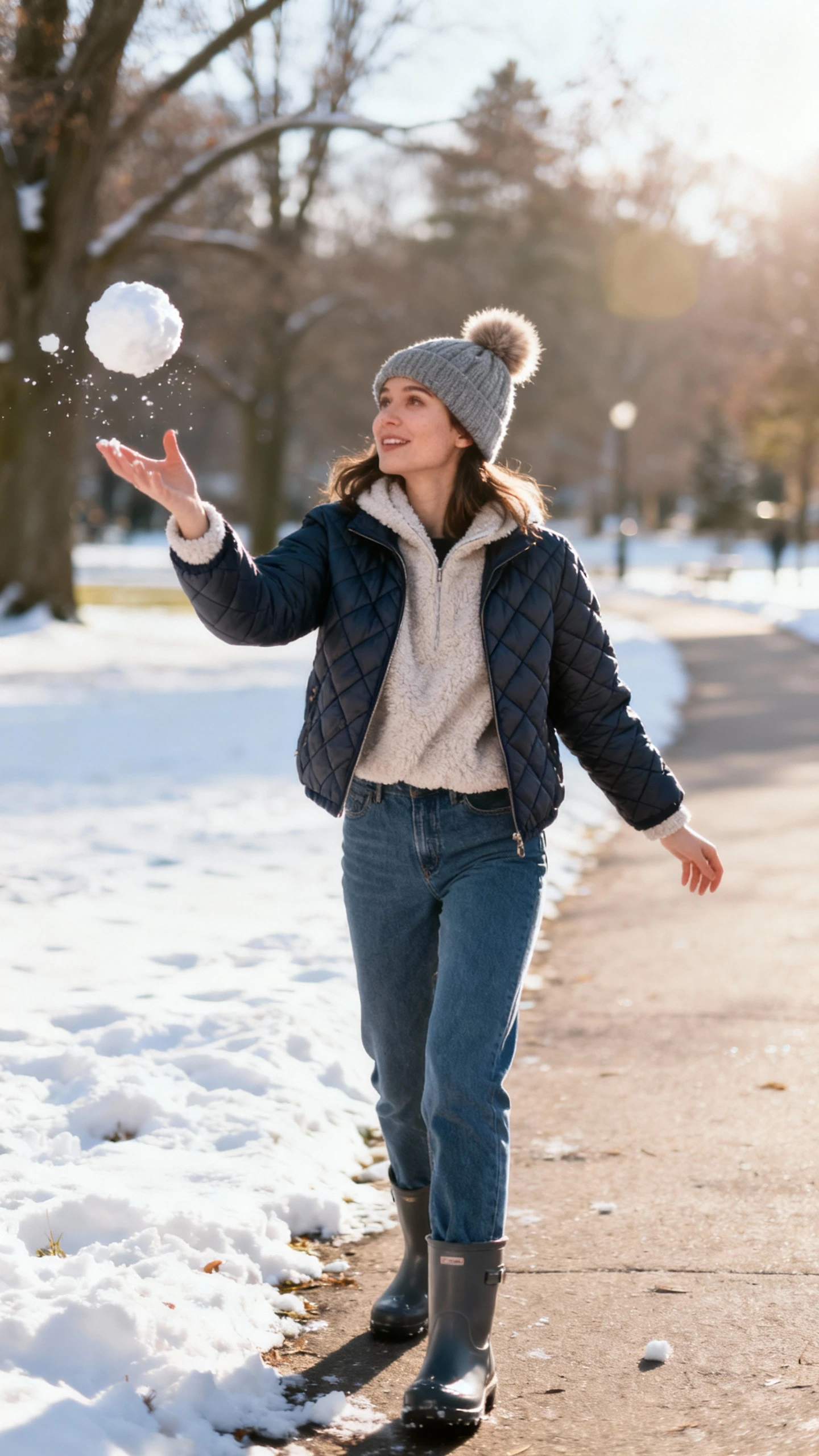 A woman wearing a cozy fleece under a quilted jacket with straight-leg jeans, waterproof boots, and a pom beanie, standing by a snowy park path throwing a snowball, casual iPhone photo style, bright winter sun, outdoor setting.