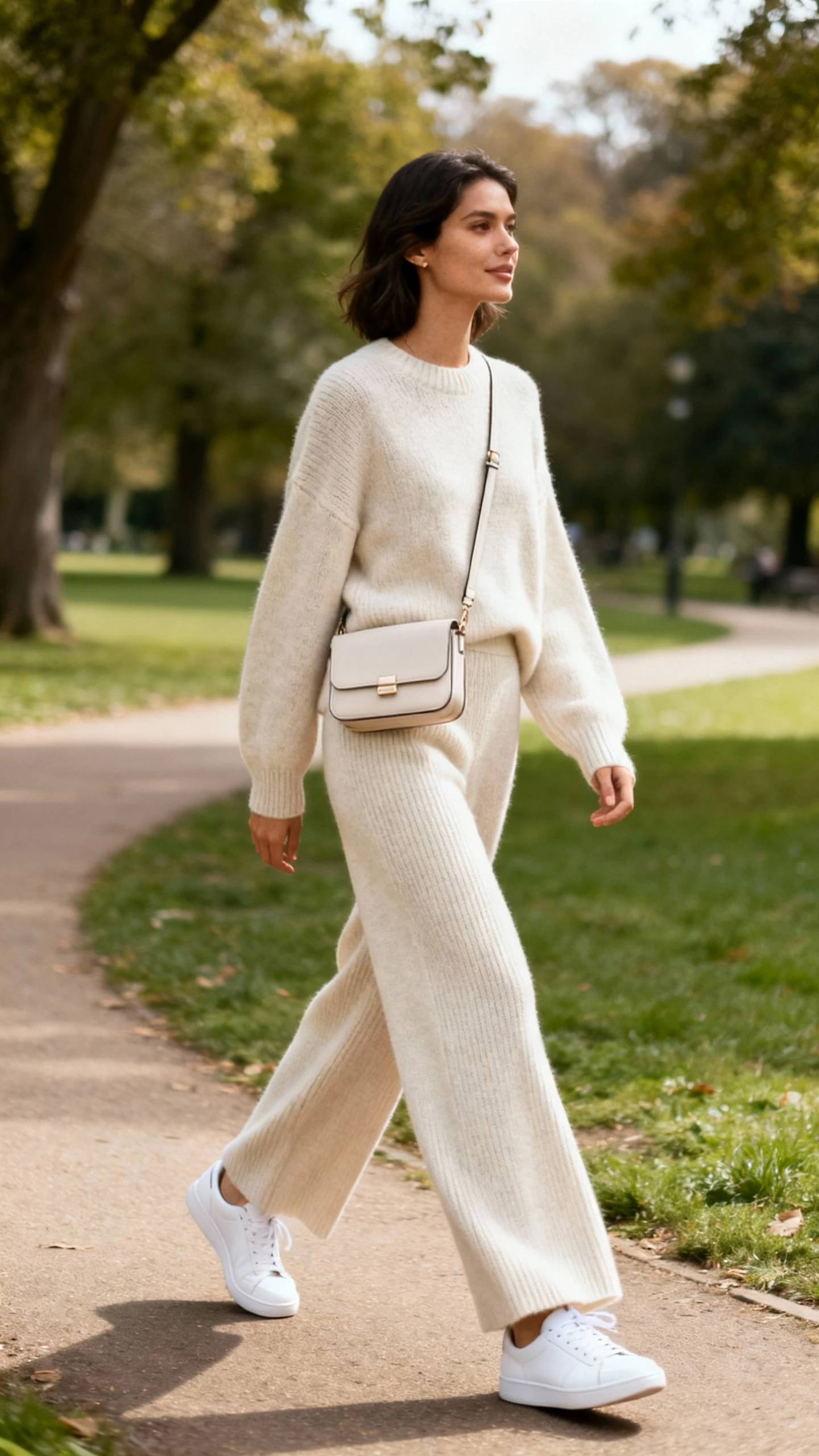 A woman wearing a luxe matching knit set (soft knit sweater and knit wide-leg pants) with sleek white sneakers and a structured crossbody, strolling through a park path, casual iPhone photo style, natural daylight, outdoor setting.