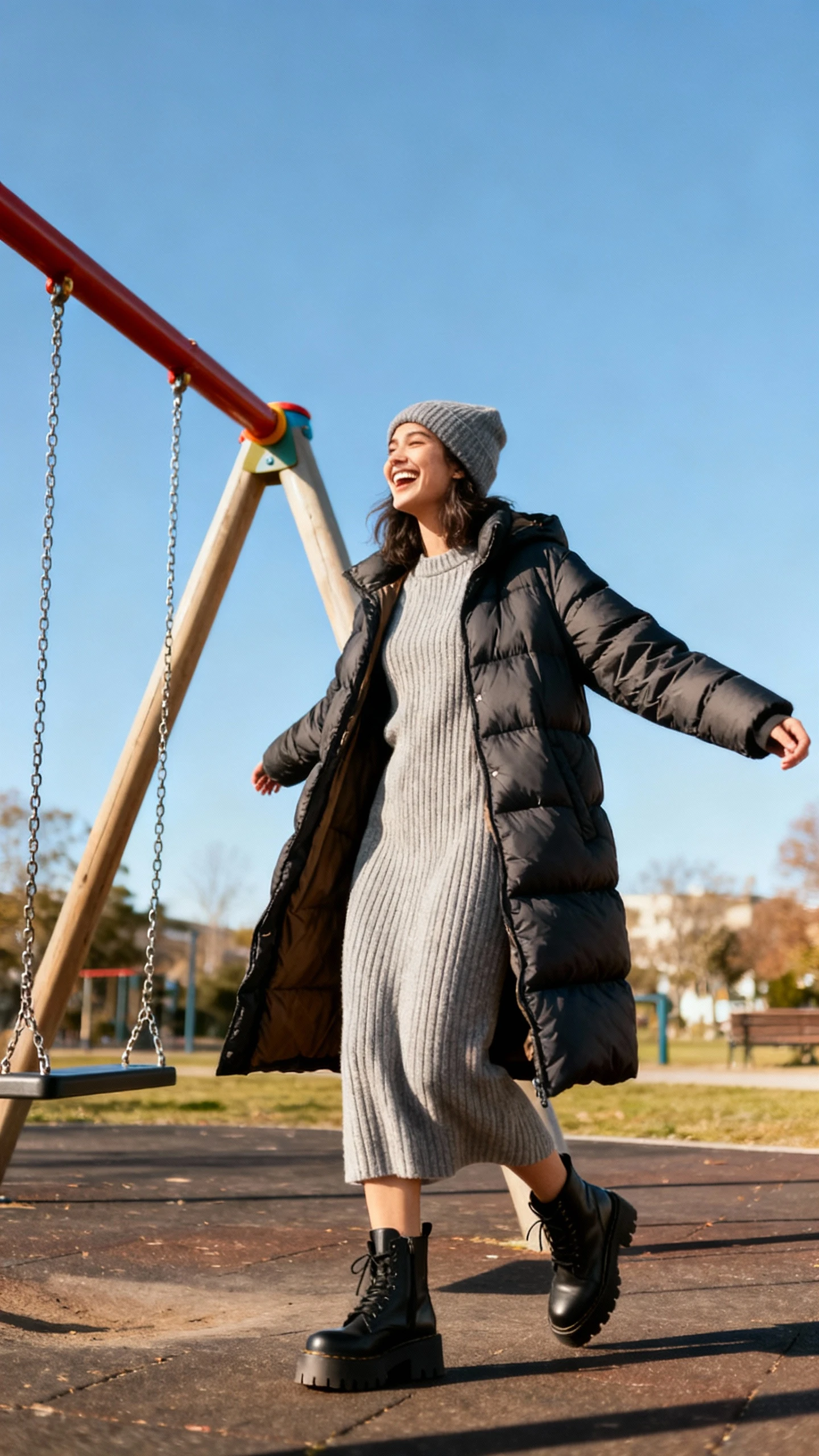 A woman wearing a mid-length puffer layered over a ribbed knit dress with chunky boots and a beanie, laughing near a playground swing set, casual iPhone photo style, sunny day, outdoor setting.