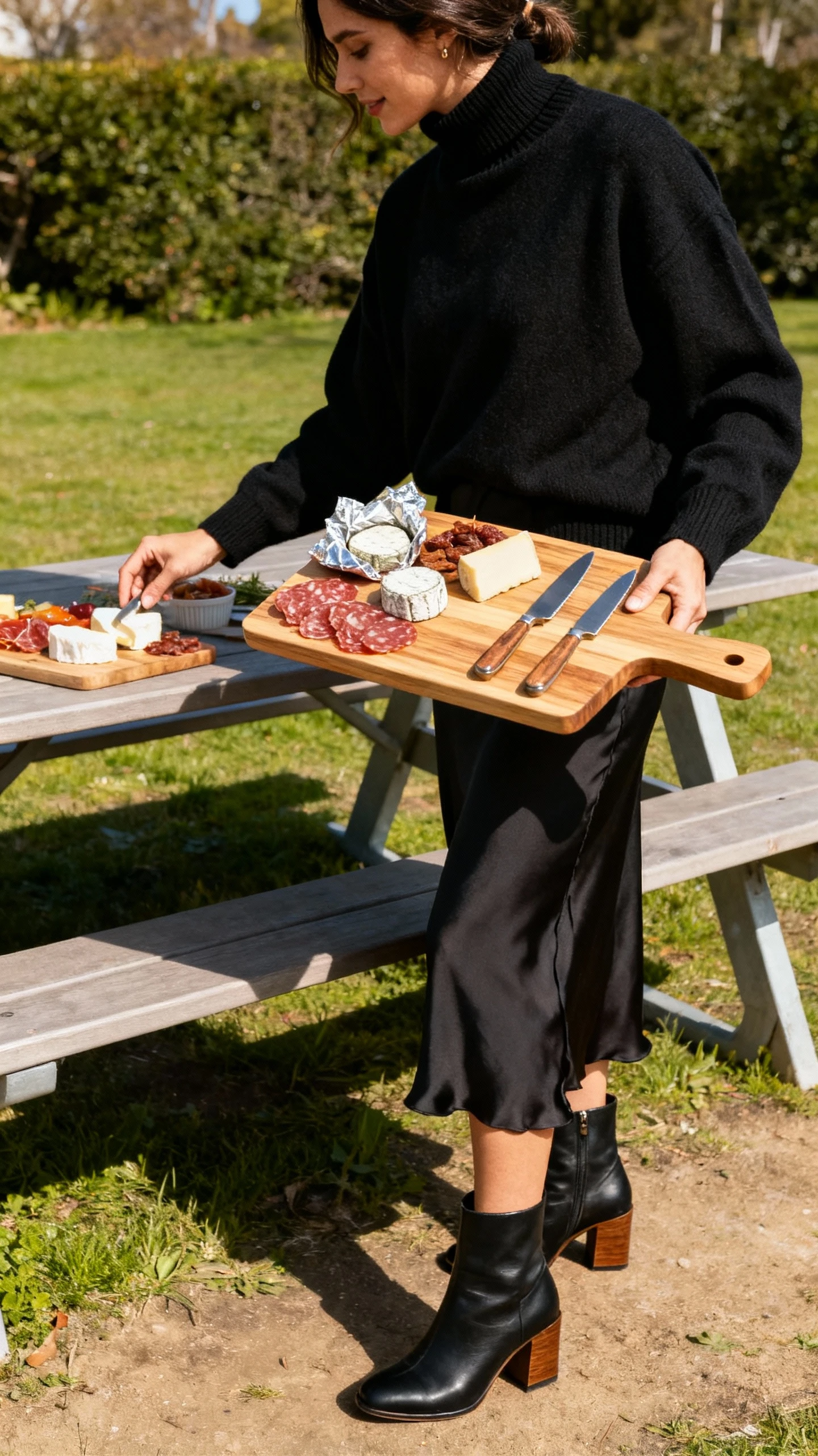 A woman wearing a relaxed black turtleneck, midi slip skirt, block-heel boots, and holding a charcuterie board kit with wooden board, cheese knives, and wrapped cheeses, arranging items on a picnic table, casual iPhone photo style, sunny day, outdoor setting.